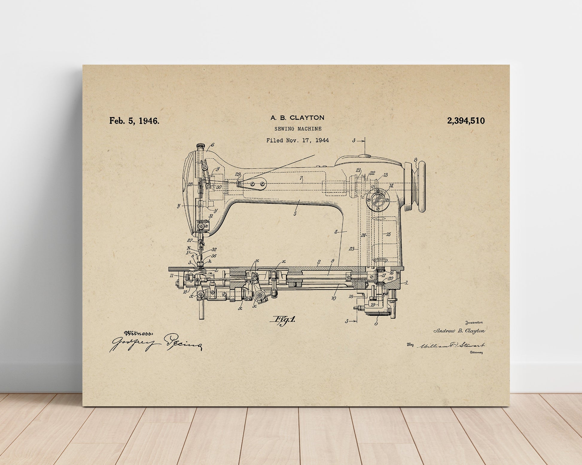 Patent Print - Sewing Machine - Andrew B. Clayton - 1946 - Patent 2394510 - Landscape Patent Wall Art