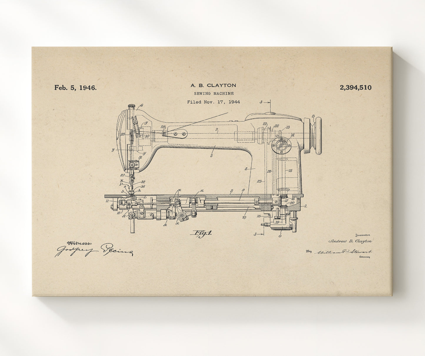 Patent Print - Sewing Machine - Andrew B. Clayton - 1946 - Patent 2394510 - Landscape Patent Wall Art