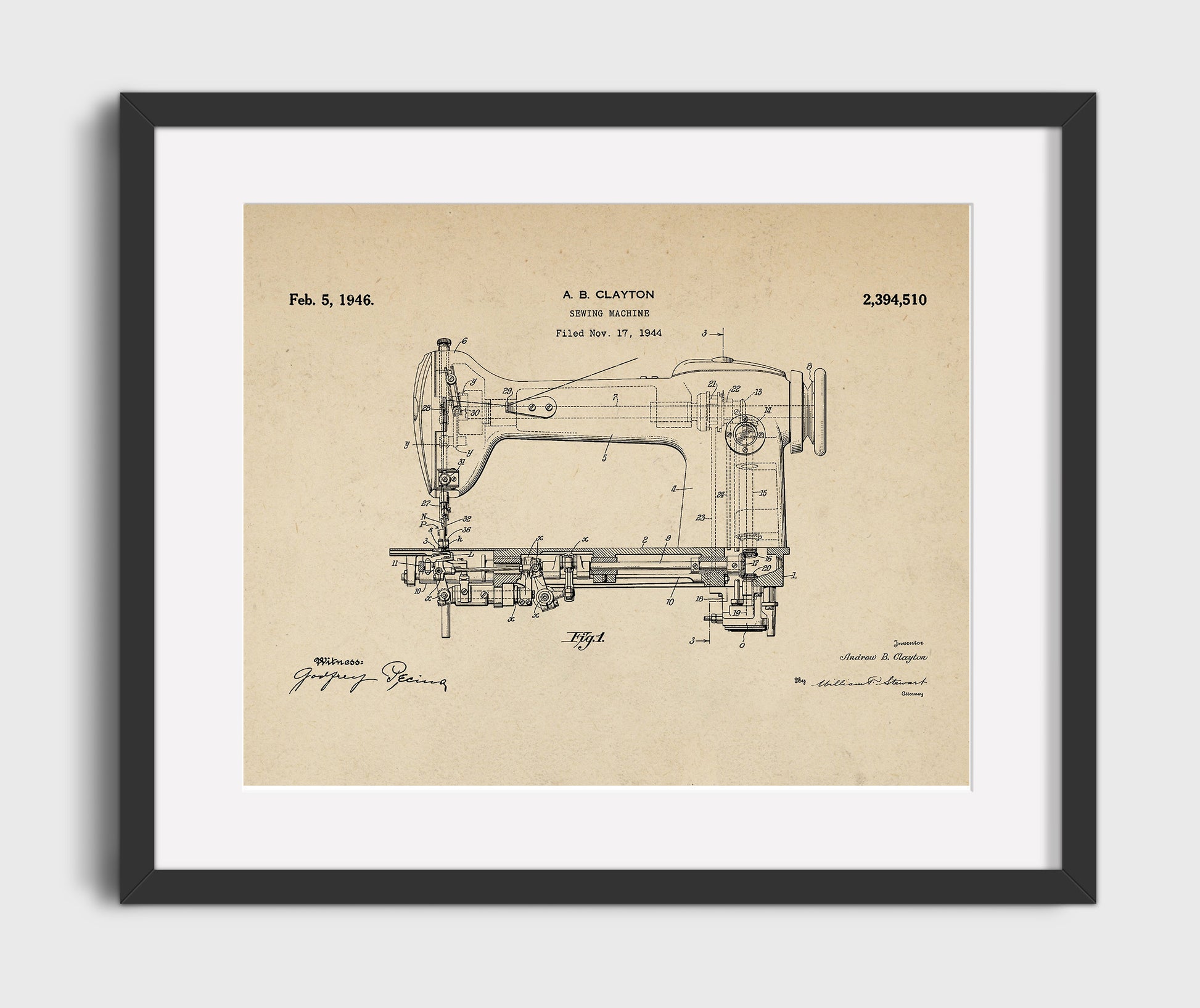 Patent Print - Sewing Machine - Andrew B. Clayton - 1946 - Patent 2394510 - Landscape Patent Wall Art