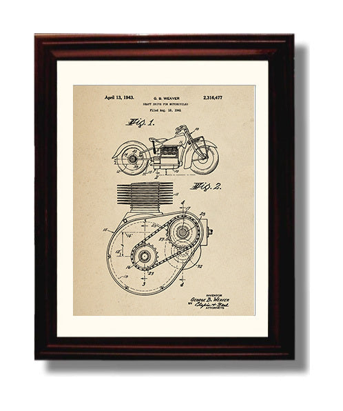 Patent Print - Shaft Drive For Motorcycles - George B Weaver - 1943 - Patent 2316477 Patent Wall Art