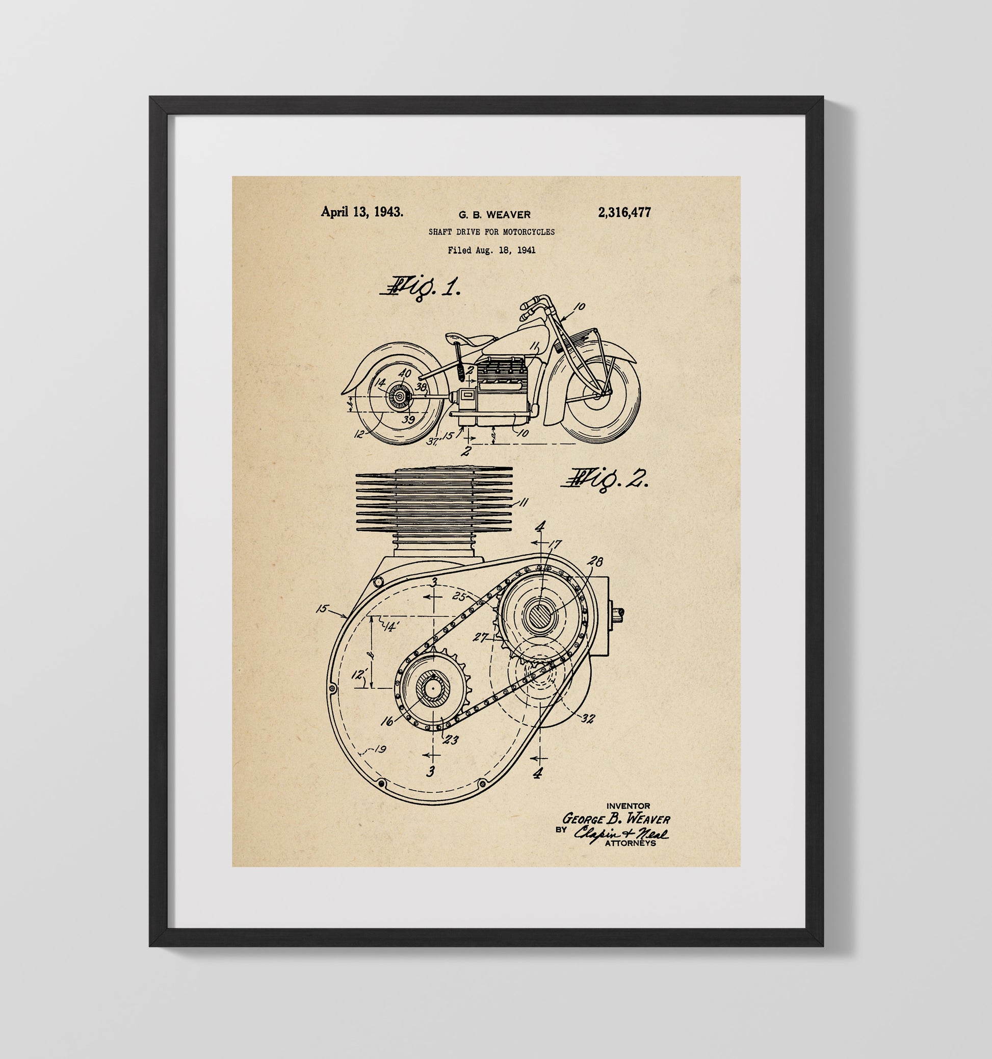 Patent Print - Shaft Drive For Motorcycles - George B Weaver - 1943 - Patent 2316477 Patent Wall Art