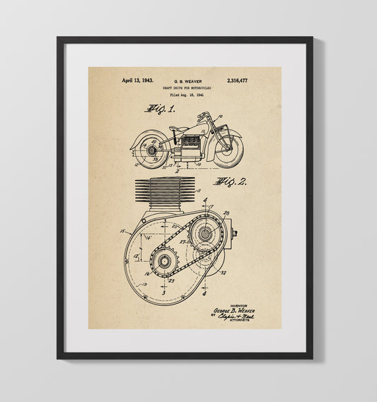 Shaft Drive For Motorcycles - 1943 Patent - 16x20 Gallery Frame