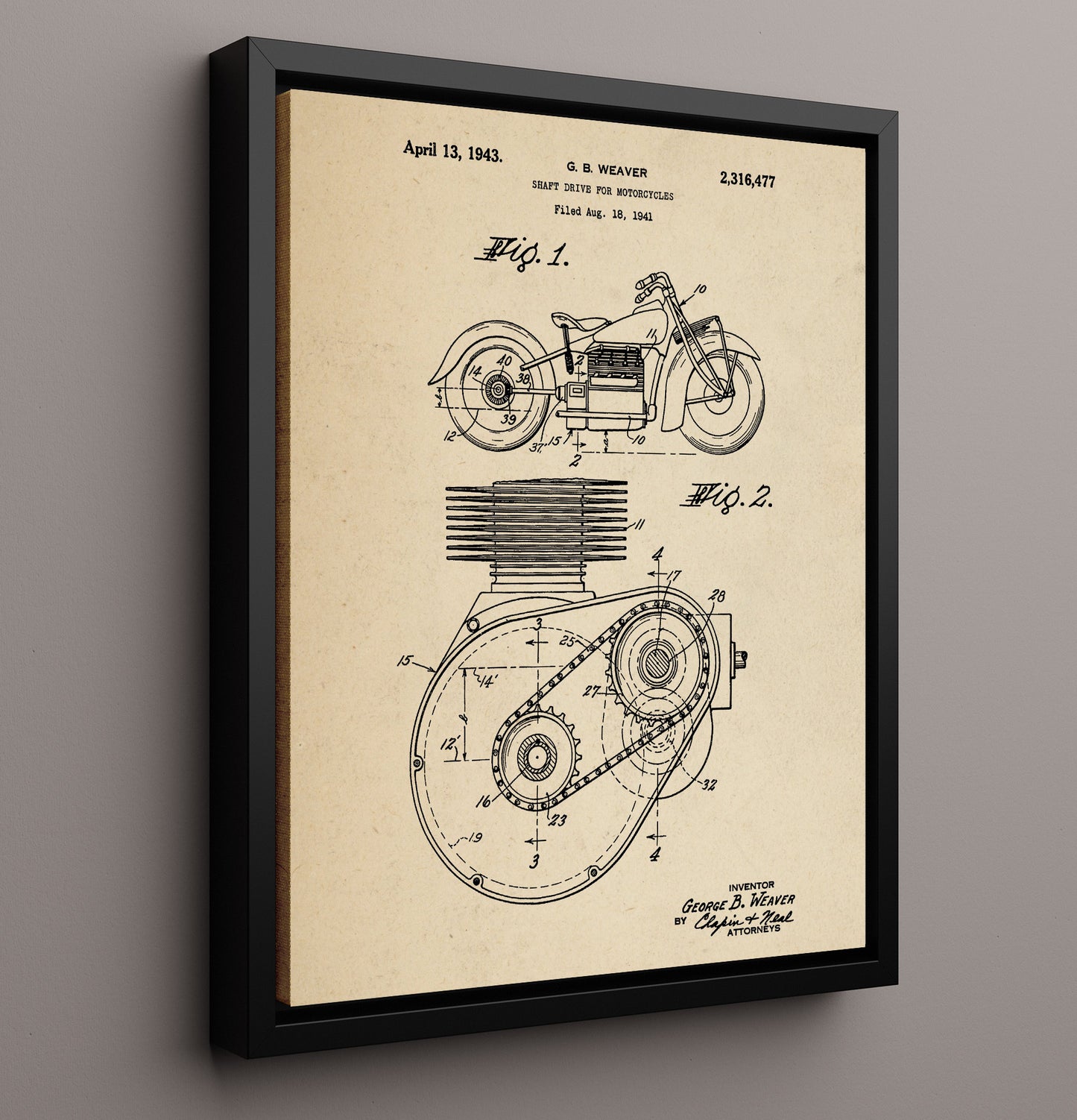 Patent Print - Shaft Drive For Motorcycles - George B Weaver - 1943 - Patent 2316477 Patent Wall Art