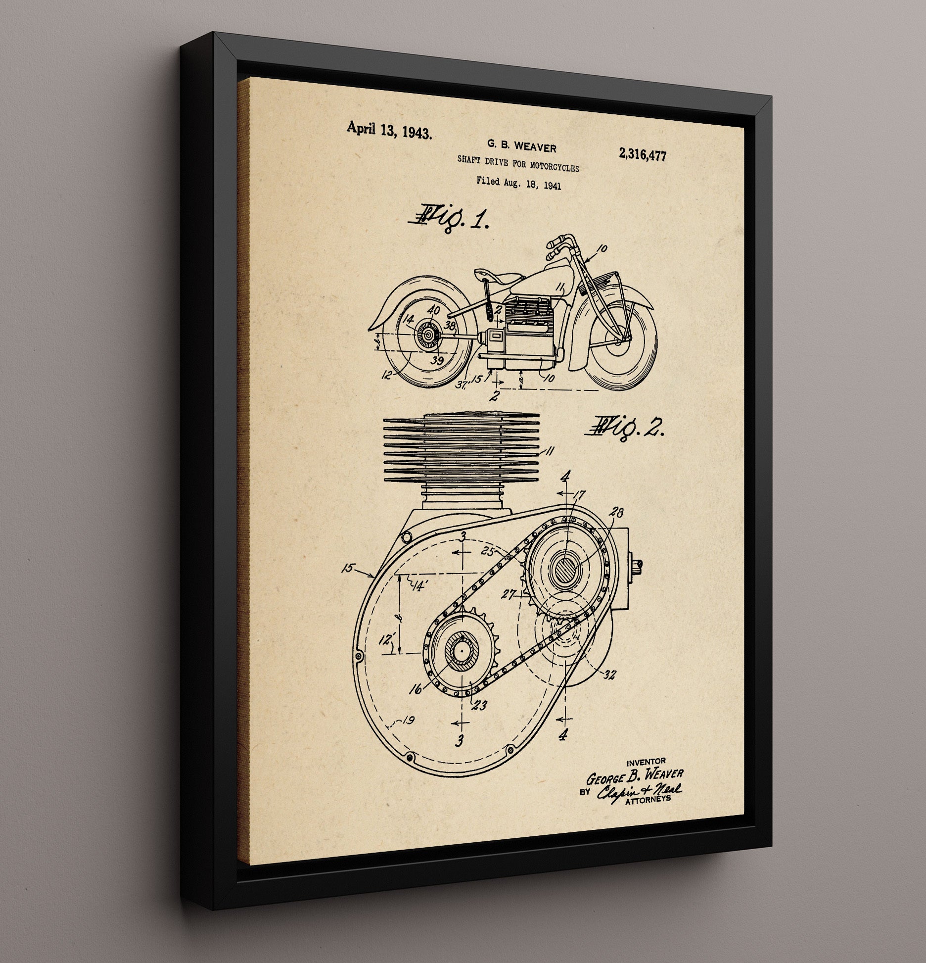 Patent Print - Shaft Drive For Motorcycles - George B Weaver - 1943 - Patent 2316477 Patent Wall Art