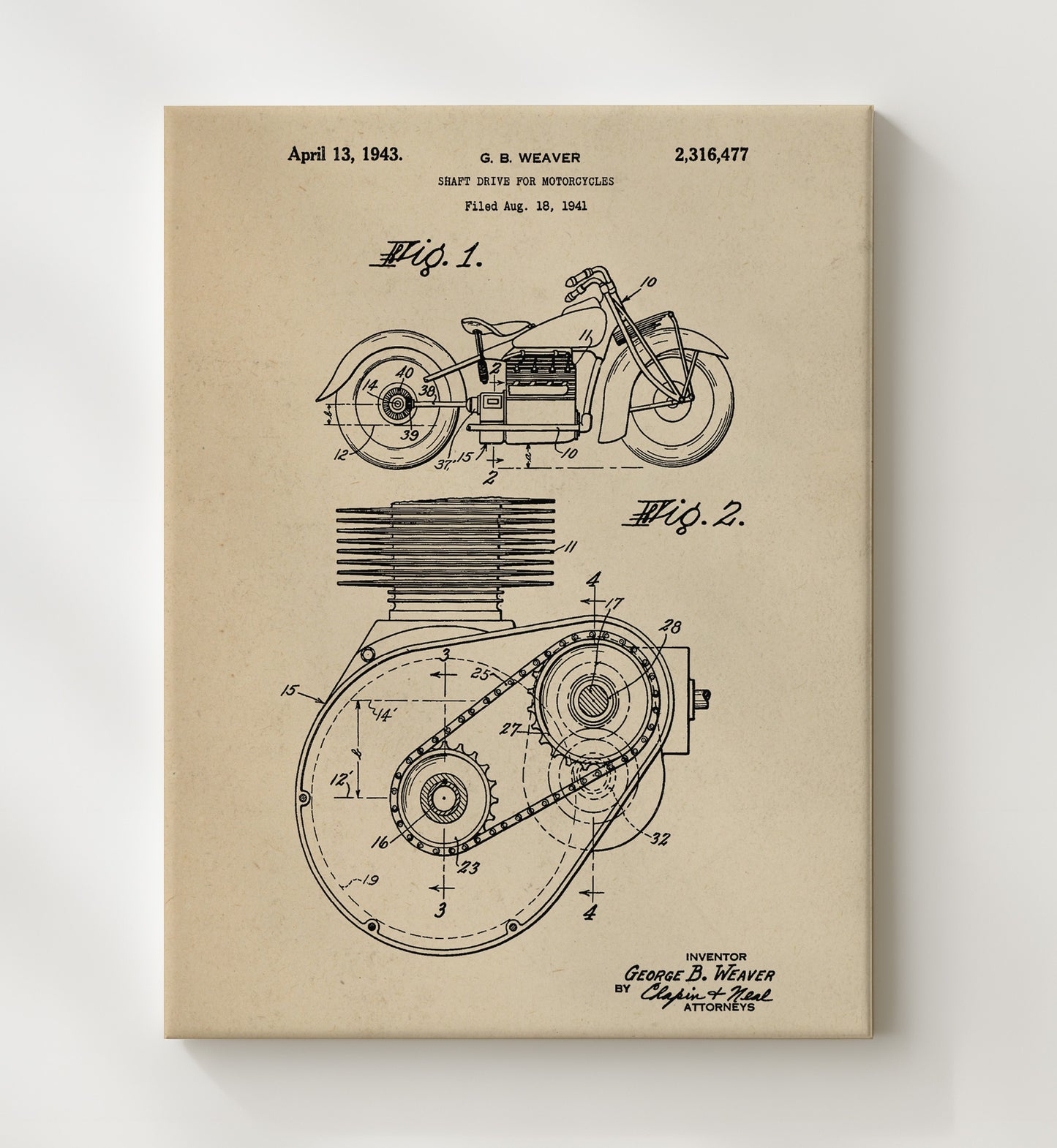 Patent Print - Shaft Drive For Motorcycles - George B Weaver - 1943 - Patent 2316477 Patent Wall Art