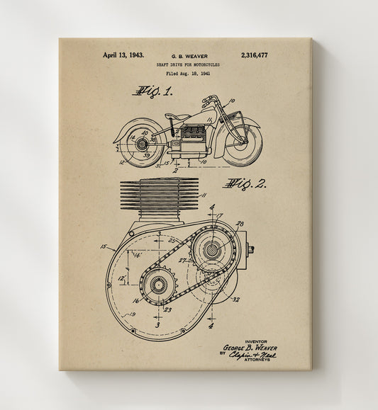 Shaft Drive For Motorcycles 1943 patent print wall art 8x10 Canvas