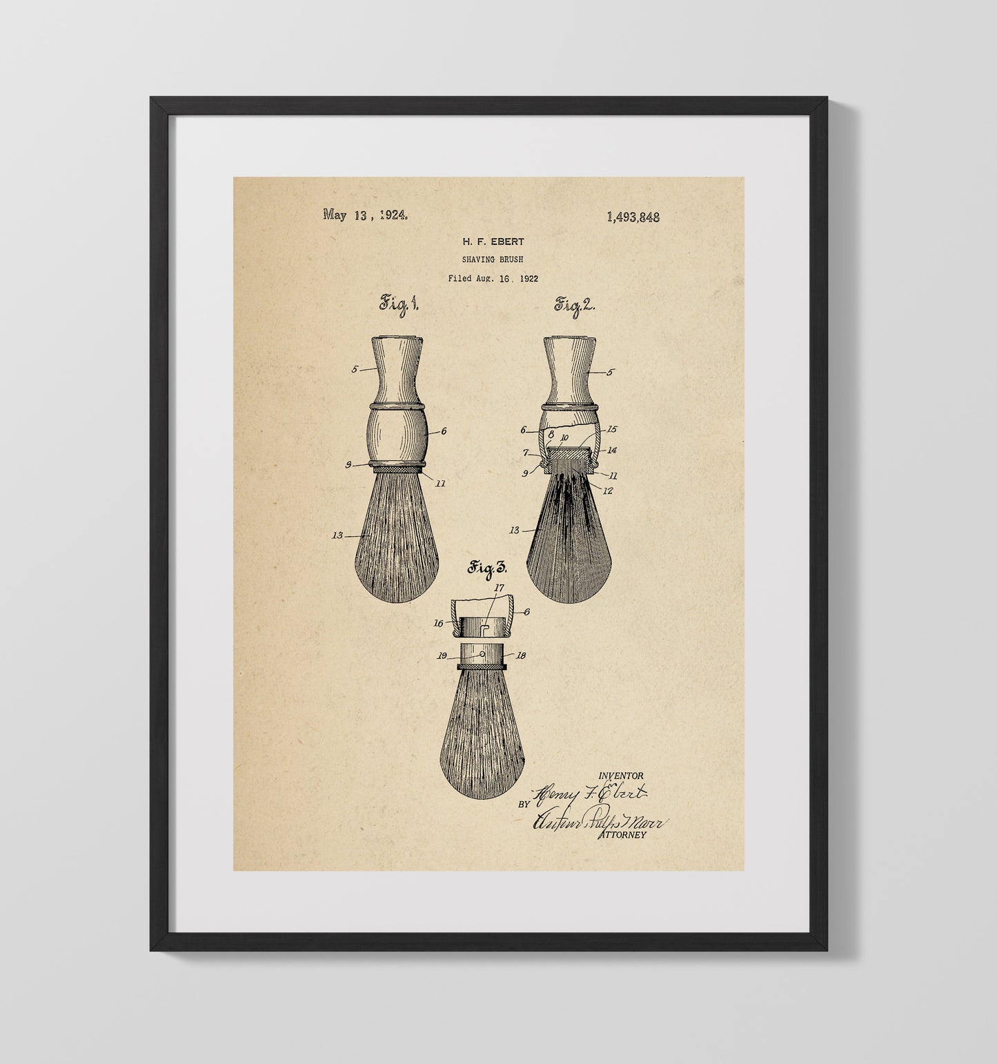 Patent Print - Shaving Brush - Henry F. Ebert - 1924 - Patent 1493848 Patent Wall Art
