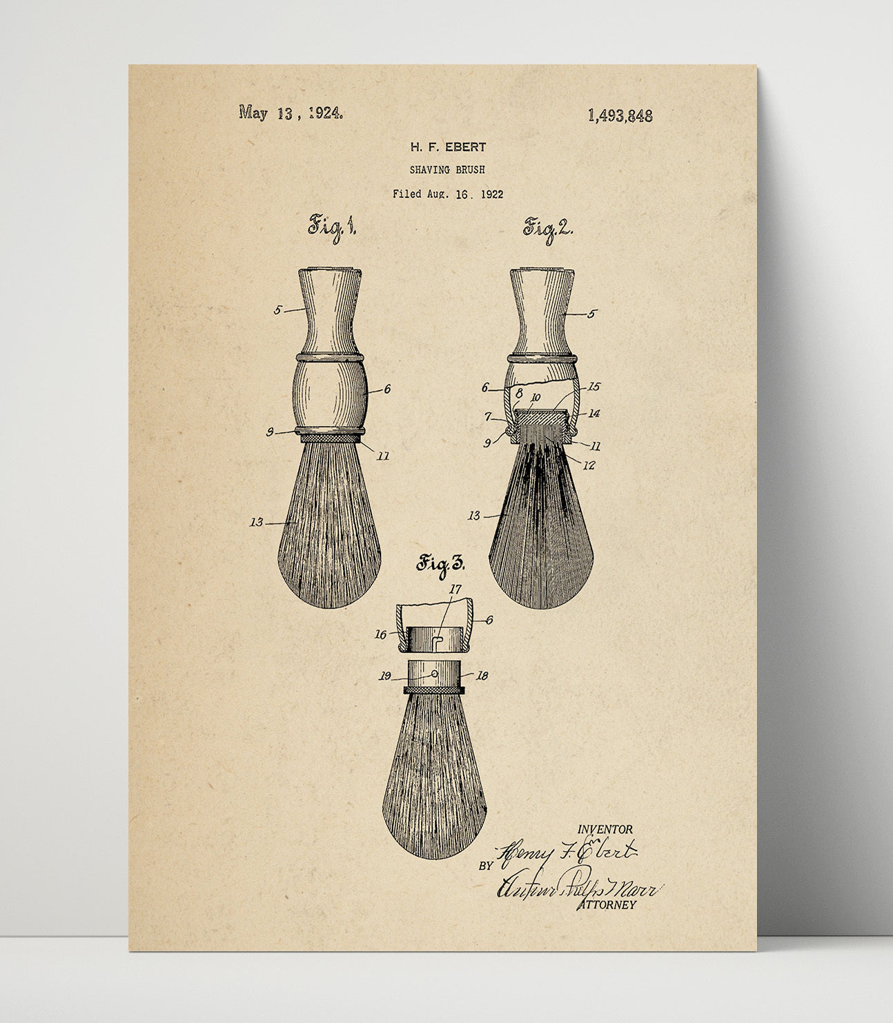 Patent Print - Shaving Brush - Henry F. Ebert - 1924 - Patent 1493848 Patent Wall Art