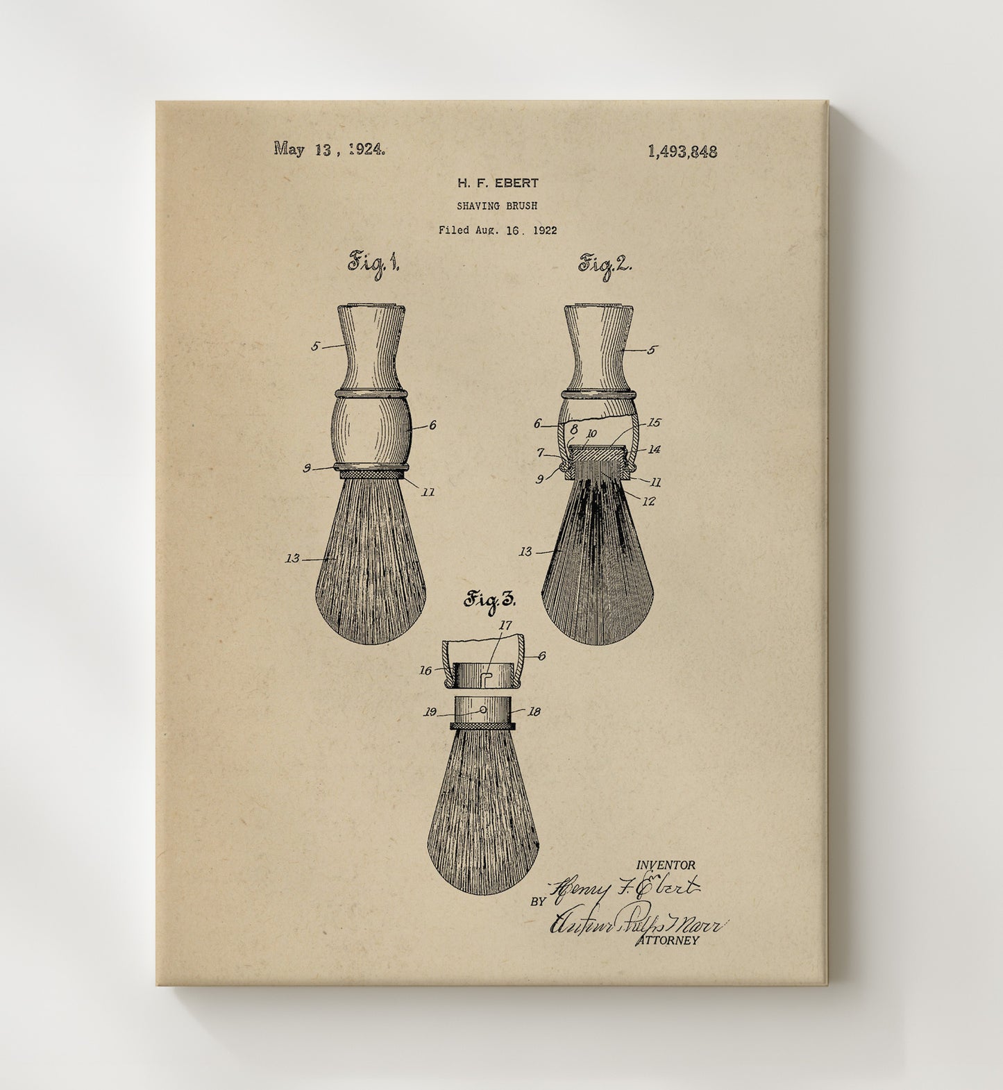 Patent Print - Shaving Brush - Henry F. Ebert - 1924 - Patent 1493848 Patent Wall Art