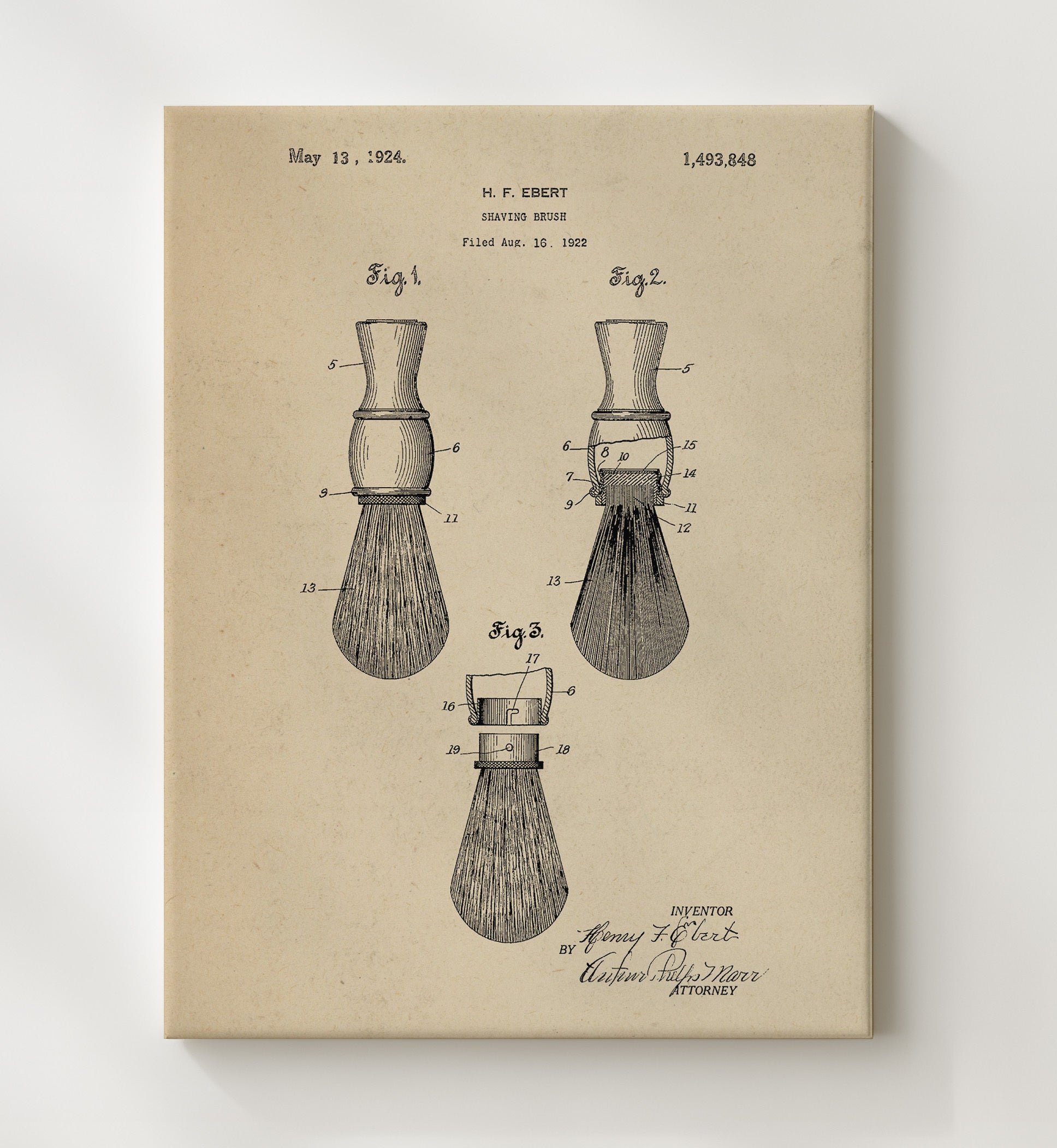 Patent Print - Shaving Brush - Henry F. Ebert - 1924 - Patent 1493848 Patent Wall Art