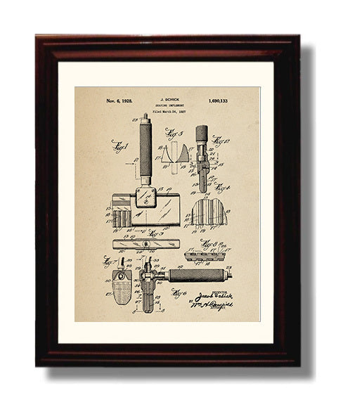Patent Print - Shaving Implement - Jacob Schick - 1928 - Patent 1690133 Patent Wall Art