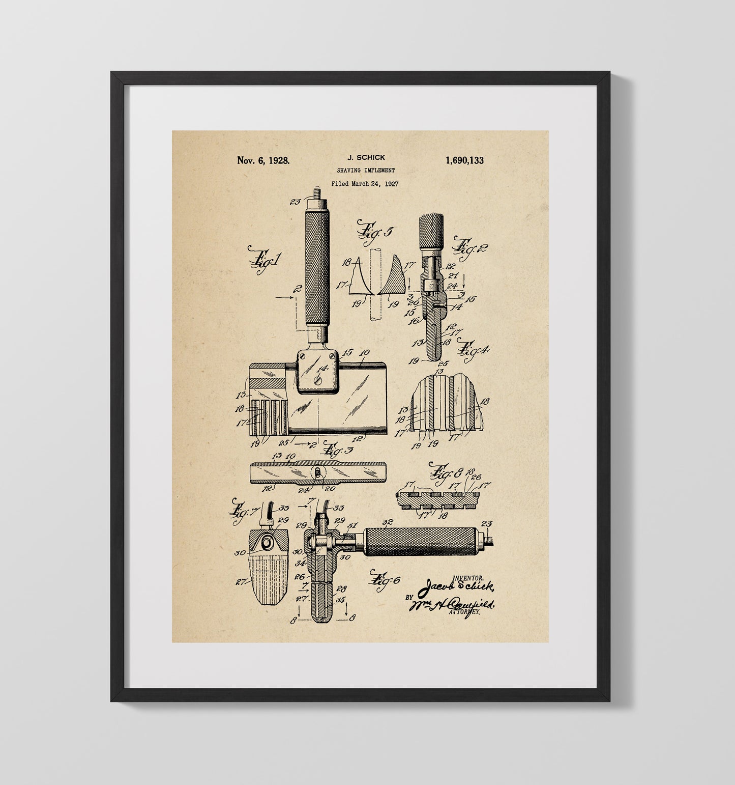 Patent Print - Shaving Implement - Jacob Schick - 1928 - Patent 1690133 Patent Wall Art