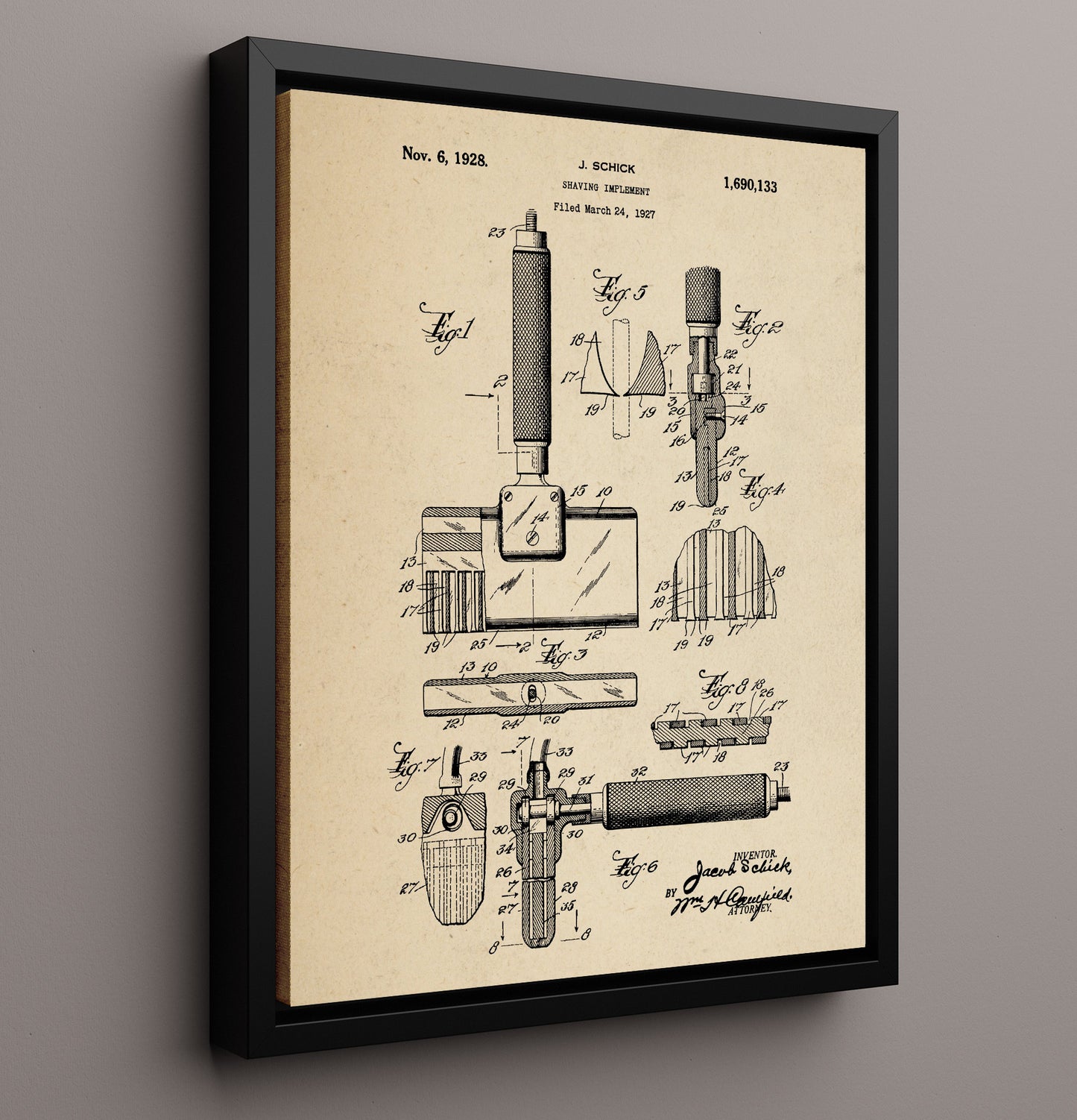 Patent Print - Shaving Implement - Jacob Schick - 1928 - Patent 1690133 Patent Wall Art