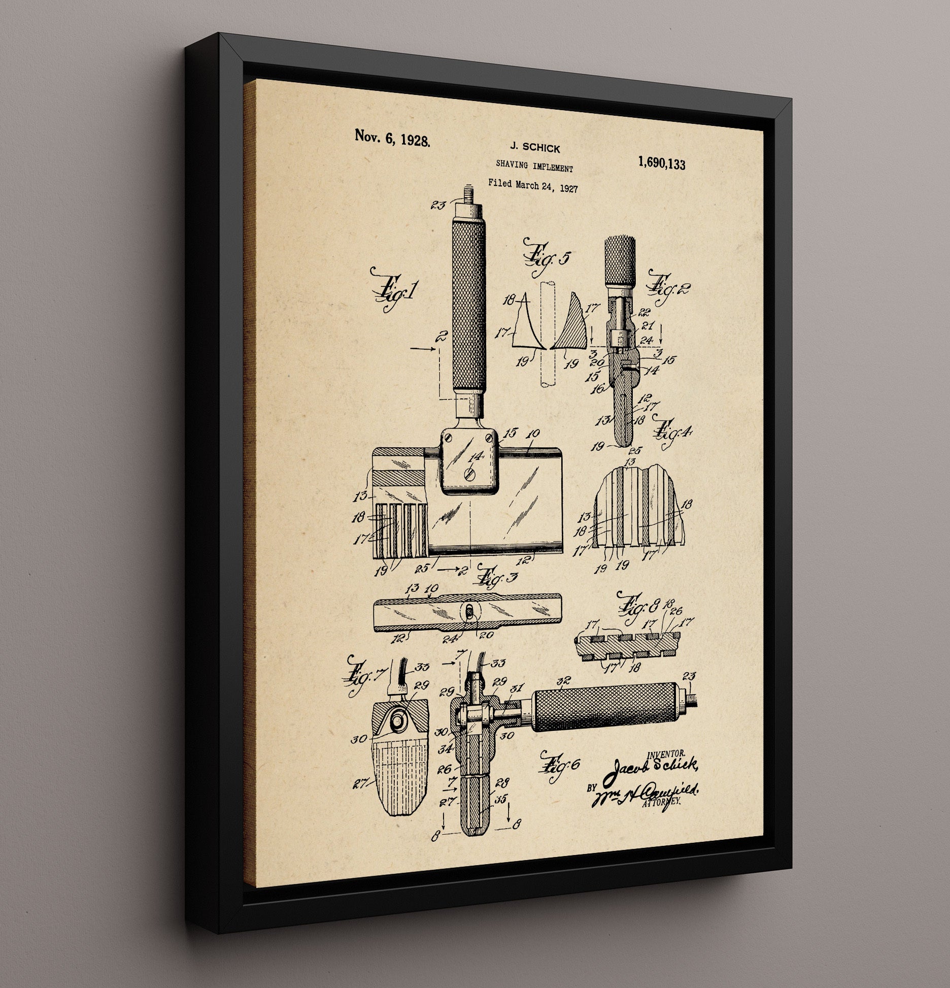 Patent Print - Shaving Implement - Jacob Schick - 1928 - Patent 1690133 Patent Wall Art