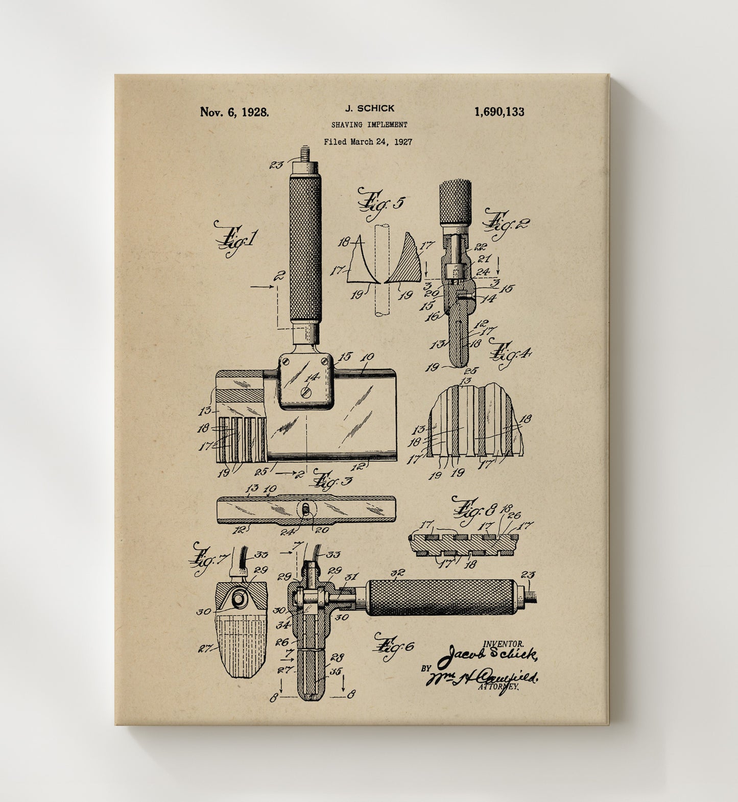 Patent Print - Shaving Implement - Jacob Schick - 1928 - Patent 1690133 Patent Wall Art