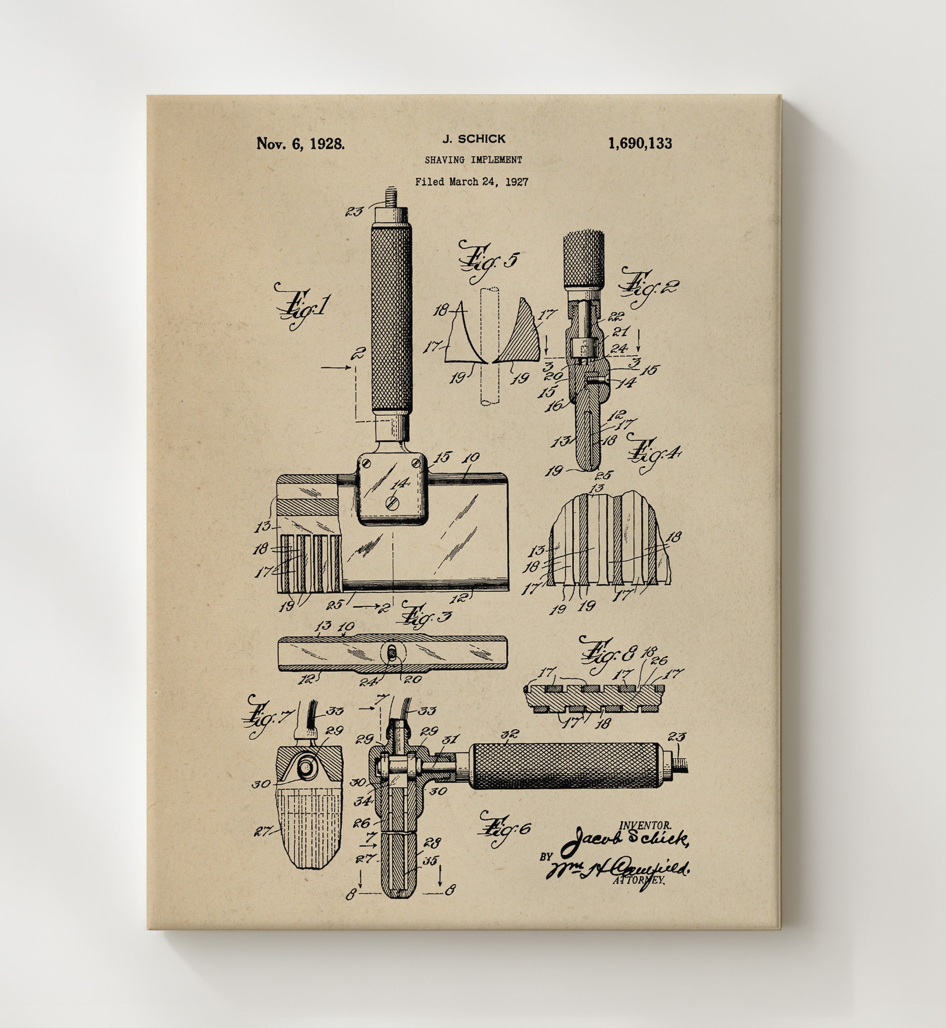 Patent Print - Shaving Implement - Jacob Schick - 1928 - Patent 1690133 Patent Wall Art