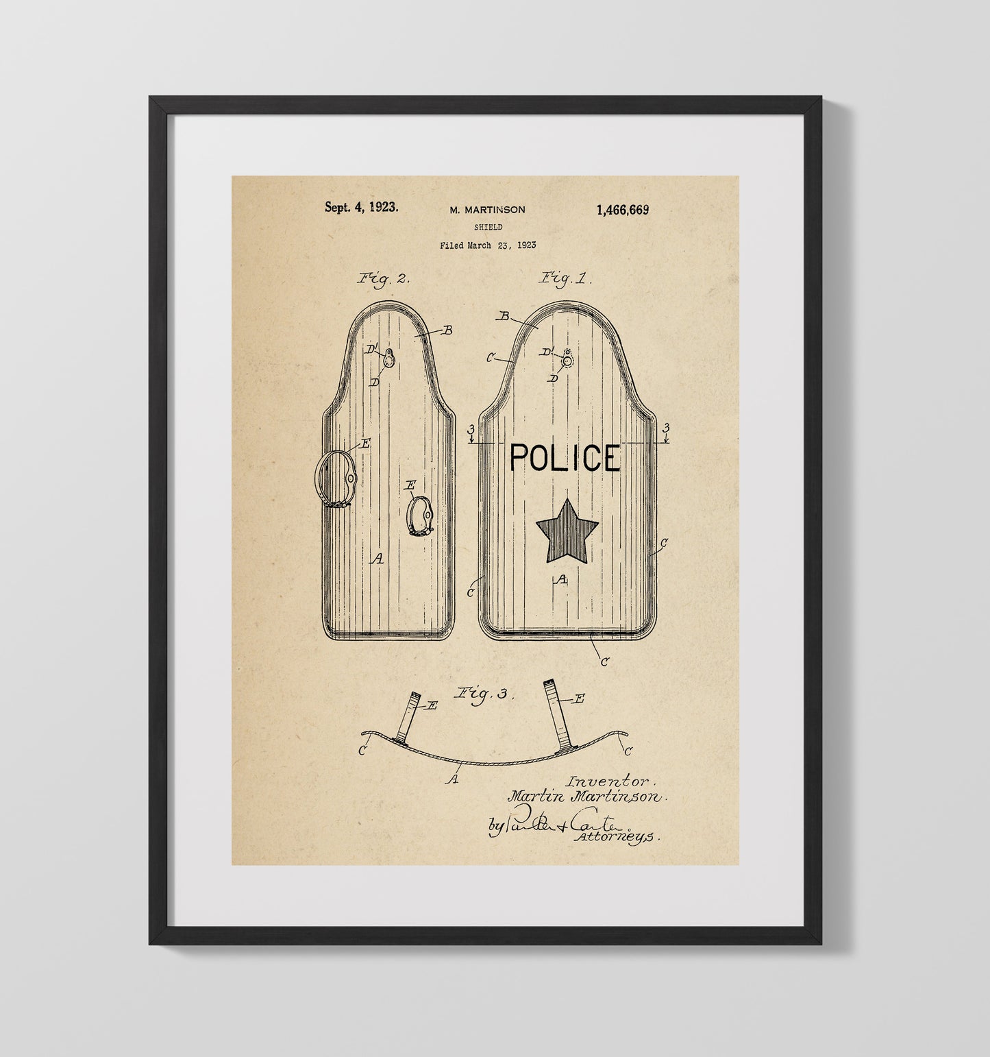 Patent Print - Shield - M. Martinson - 1923 - Patent 1466669 Patent Wall Art