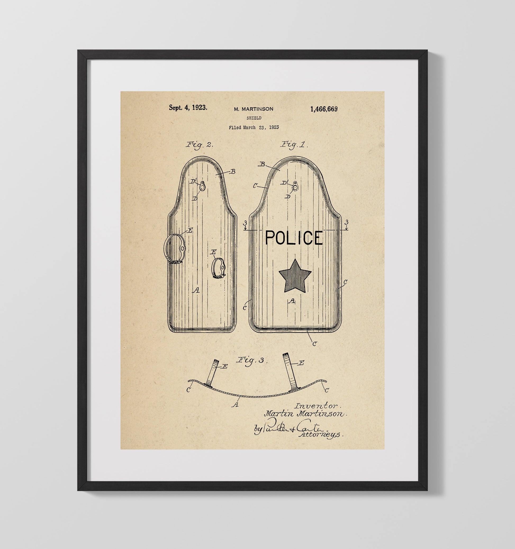 Patent Print - Shield - M. Martinson - 1923 - Patent 1466669 Patent Wall Art