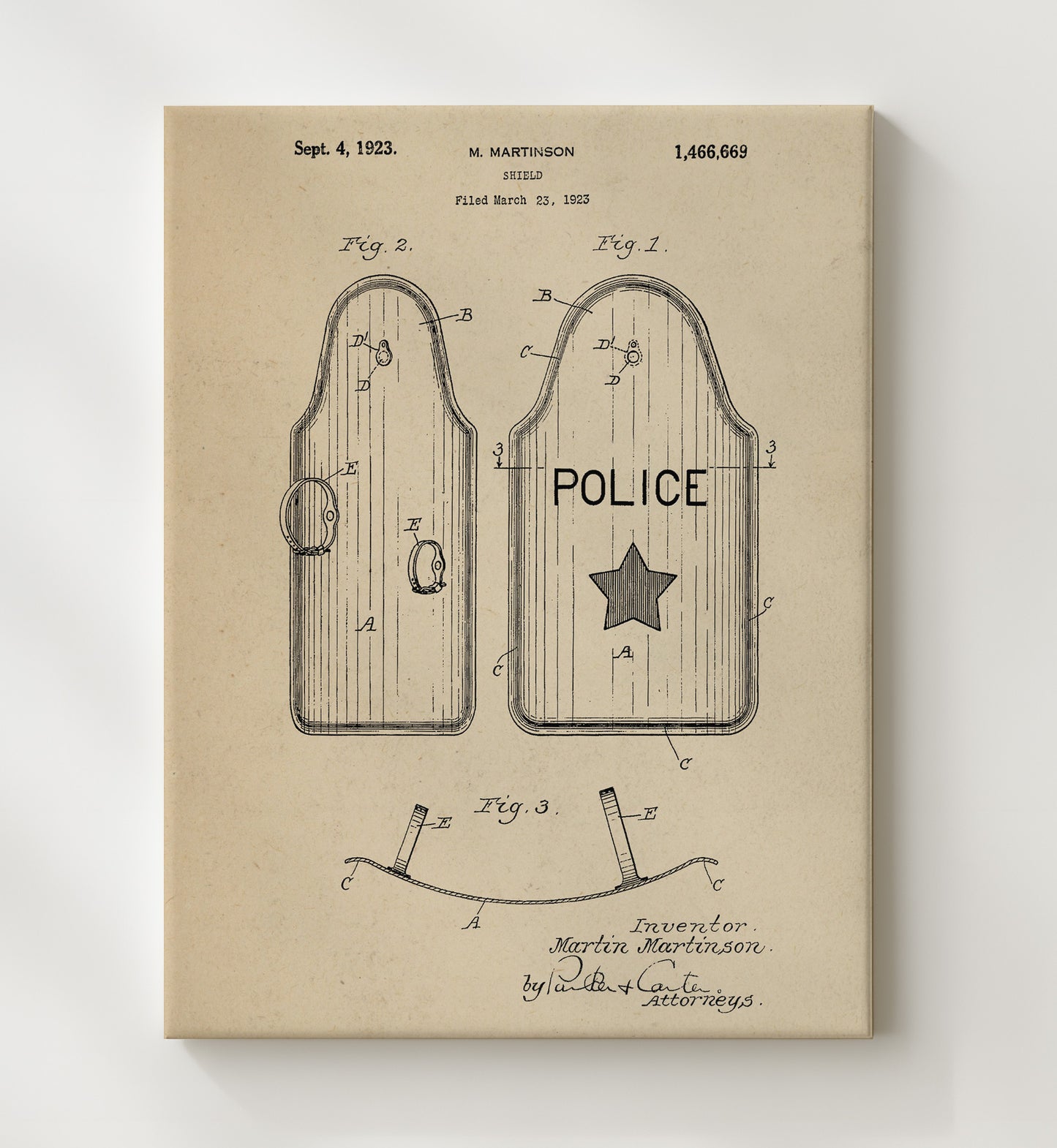 Patent Print - Shield - M. Martinson - 1923 - Patent 1466669 Patent Wall Art