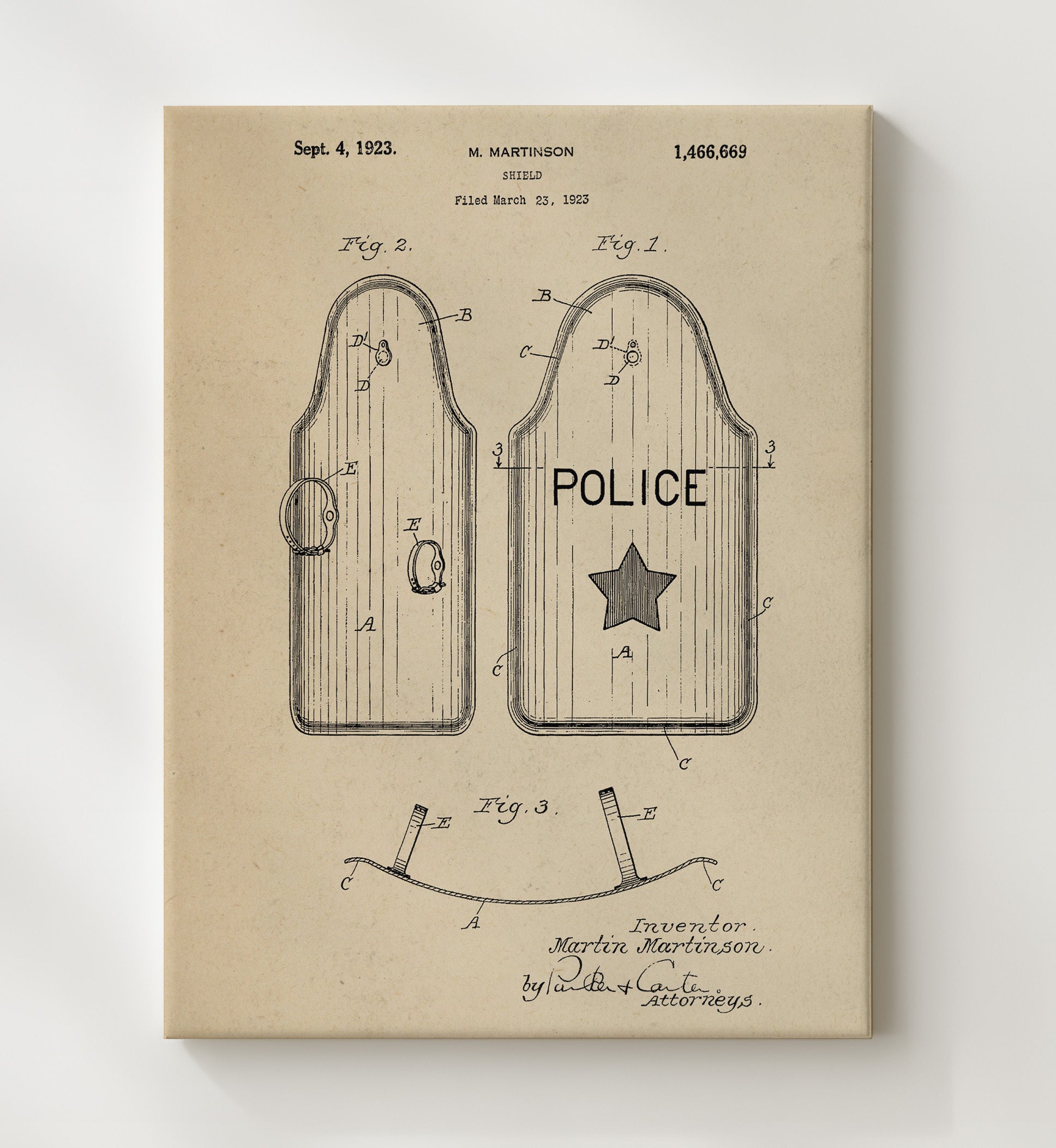Patent Print - Shield - M. Martinson - 1923 - Patent 1466669 Patent Wall Art