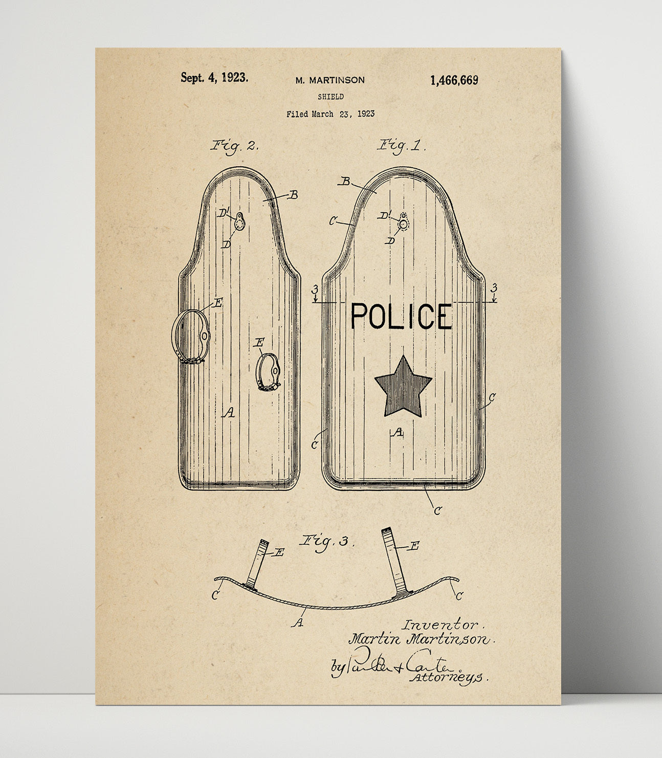 Patent Print - Shield - M. Martinson - 1923 - Patent 1466669 Patent Wall Art