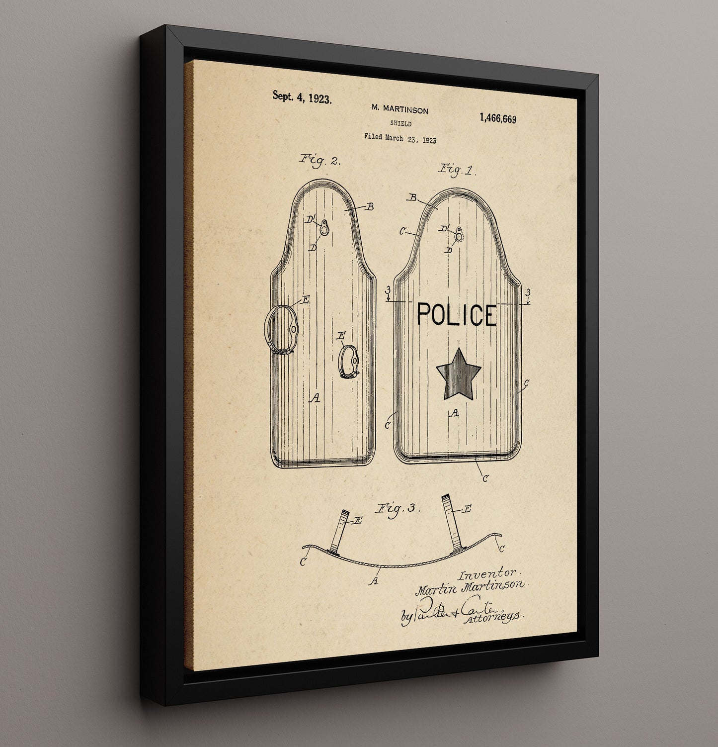 Patent Print - Shield - M. Martinson - 1923 - Patent 1466669 Patent Wall Art
