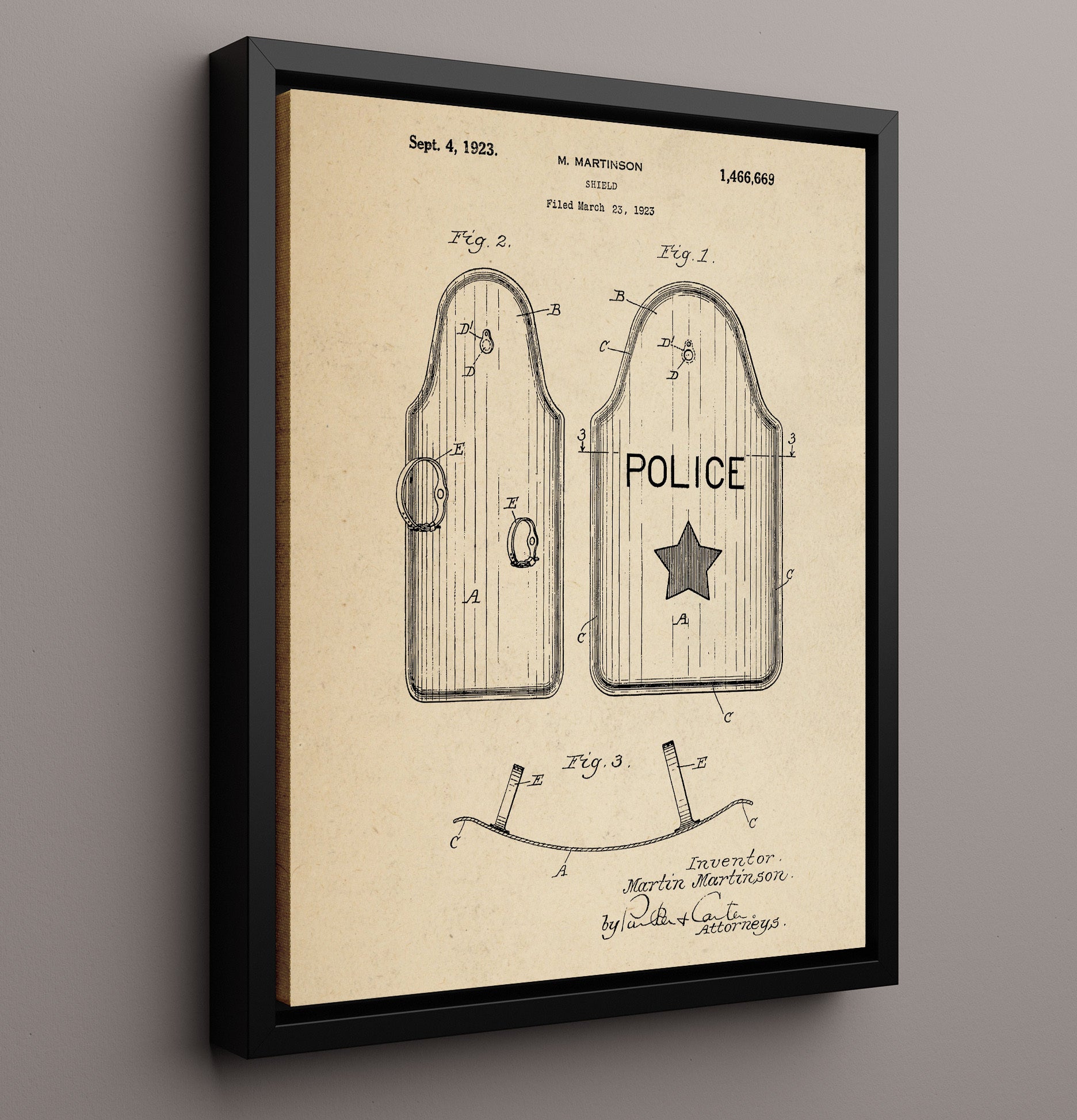 Patent Print - Shield - M. Martinson - 1923 - Patent 1466669 Patent Wall Art