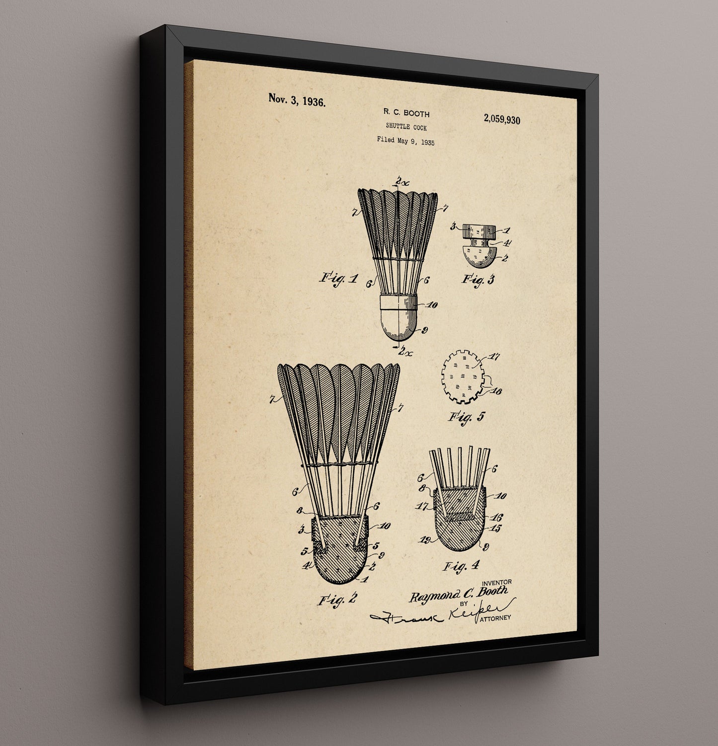 Patent Print - Shuttlecock - R C Booth - 1936 - Patent 2059930 Patent Wall Art