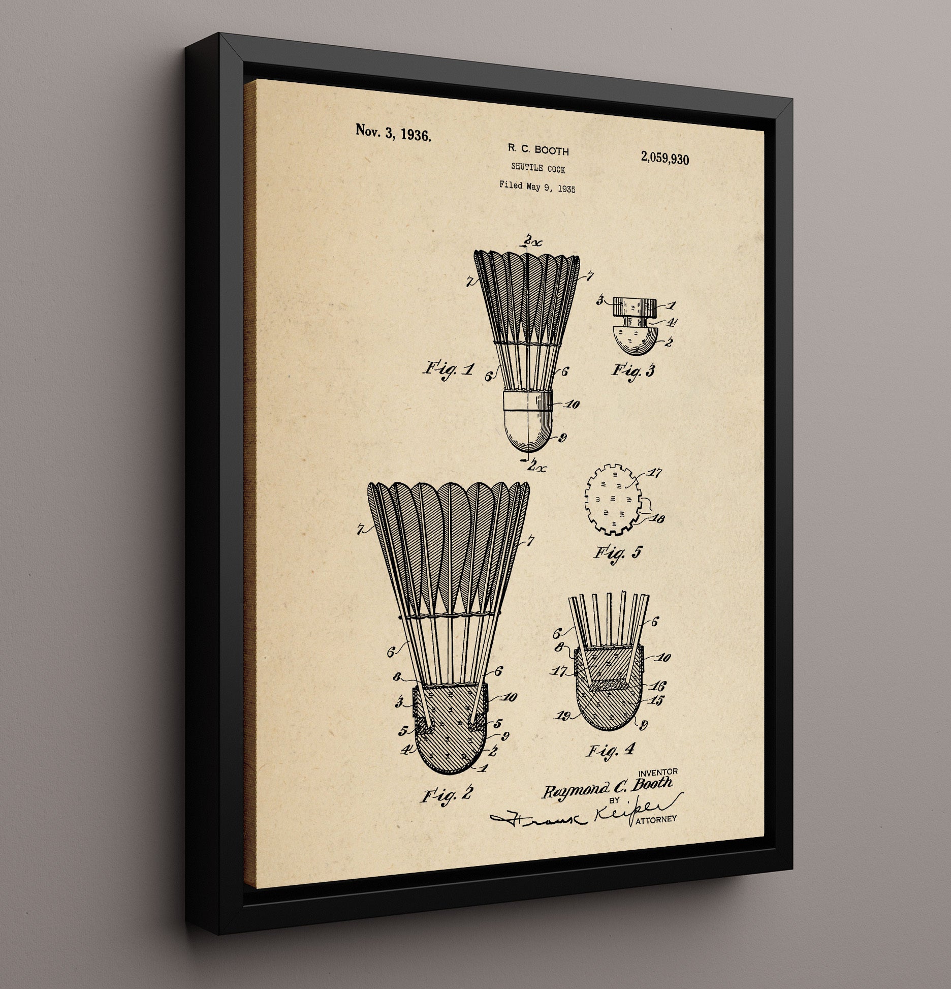 Patent Print - Shuttlecock - R C Booth - 1936 - Patent 2059930 Patent Wall Art