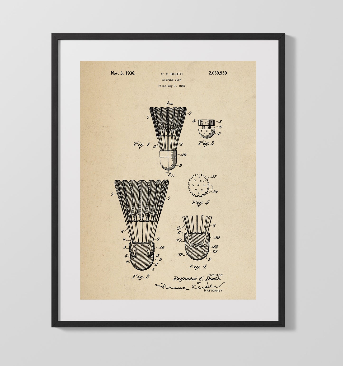 Patent Print - Shuttlecock - R C Booth - 1936 - Patent 2059930 Patent Wall Art