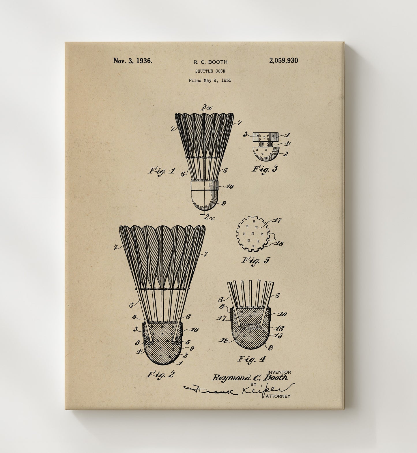 Patent Print - Shuttlecock - R C Booth - 1936 - Patent 2059930 Patent Wall Art