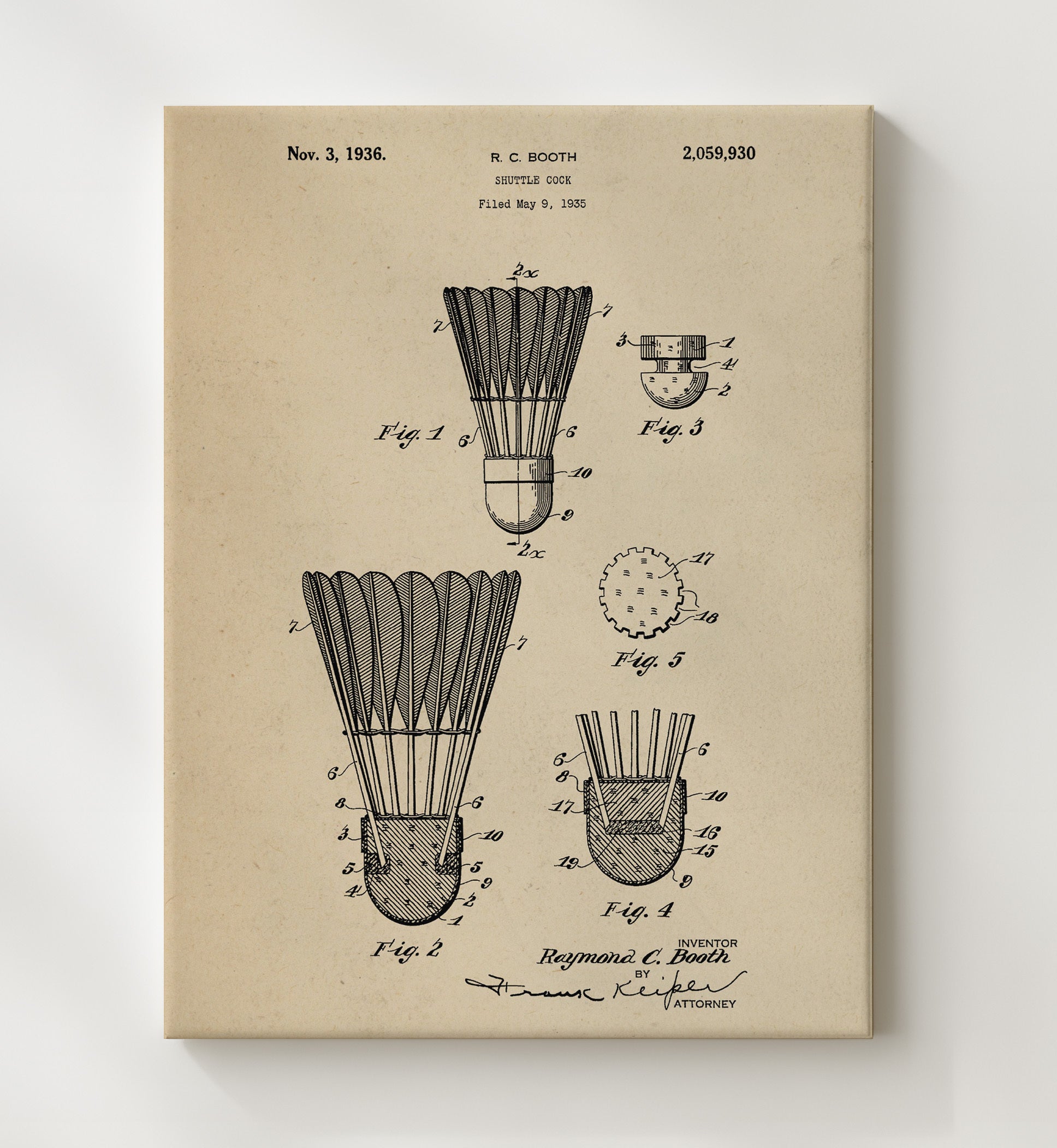 Patent Print - Shuttlecock - R C Booth - 1936 - Patent 2059930 Patent Wall Art