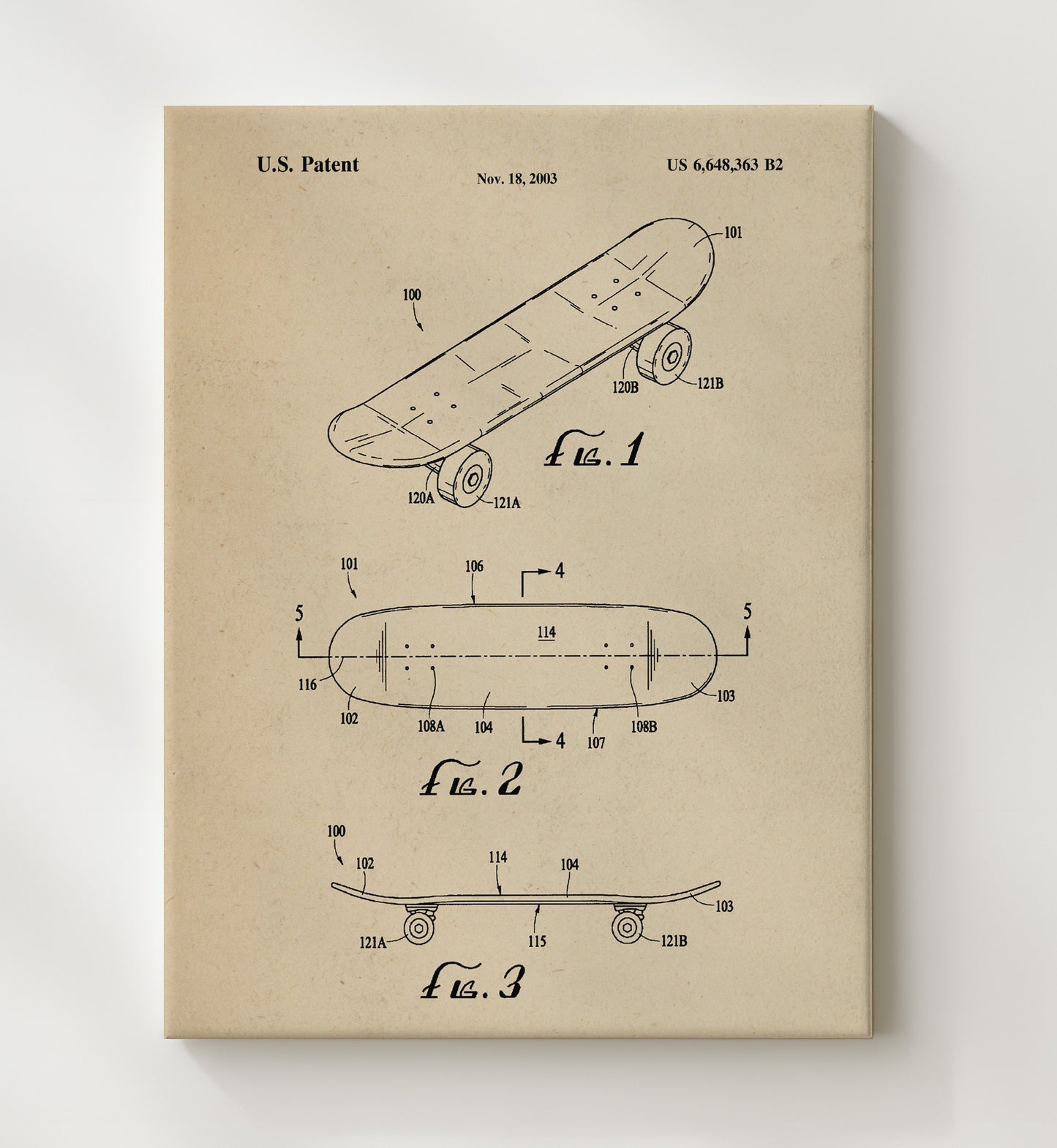 Patent Print - Skateboard - Unknown Inventor - 2003 - Patent 6648363 Patent Wall Art