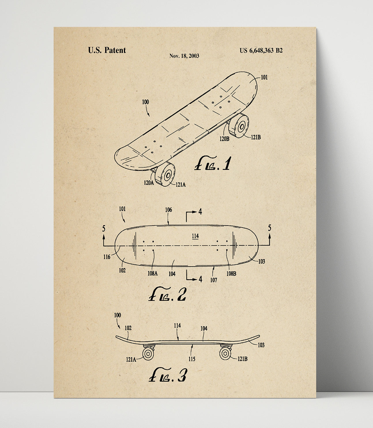 Patent Print - Skateboard - Unknown Inventor - 2003 - Patent 6648363 Patent Wall Art