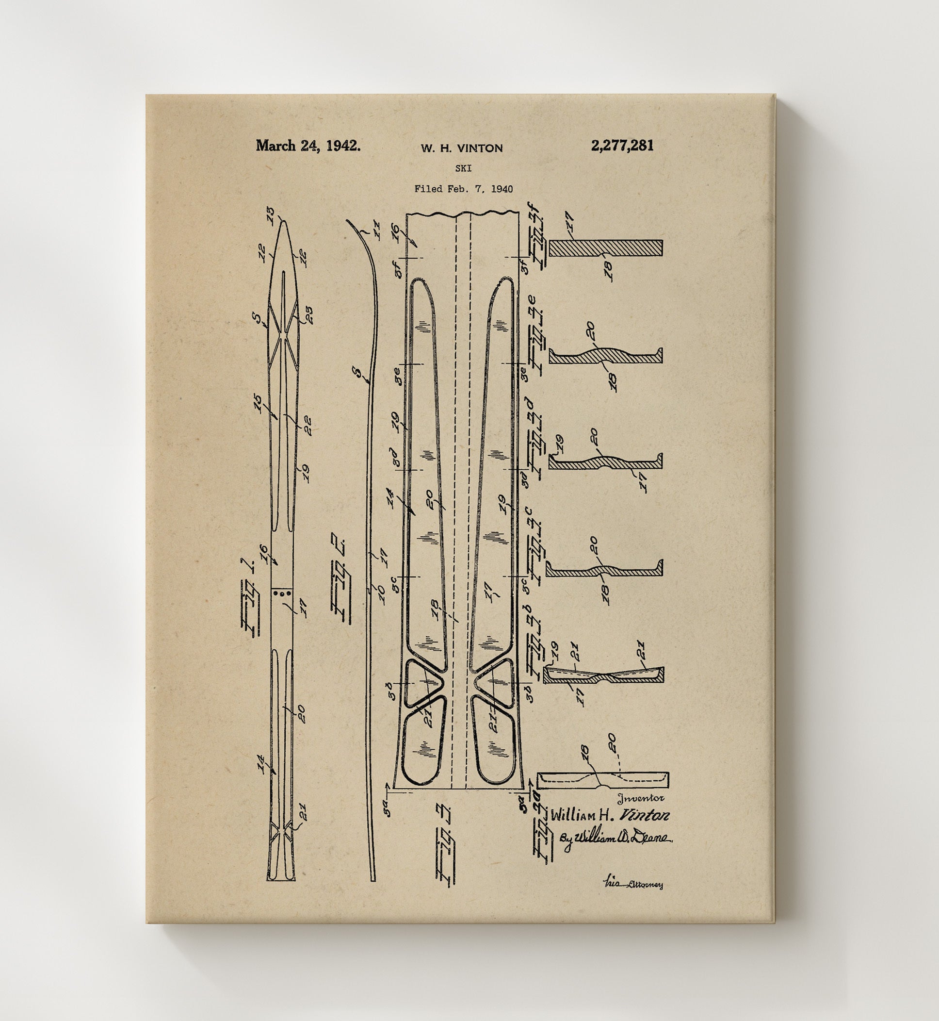 Patent Print - Ski - W H Vinton - 1942 - Patent 2277281 Patent Wall Art