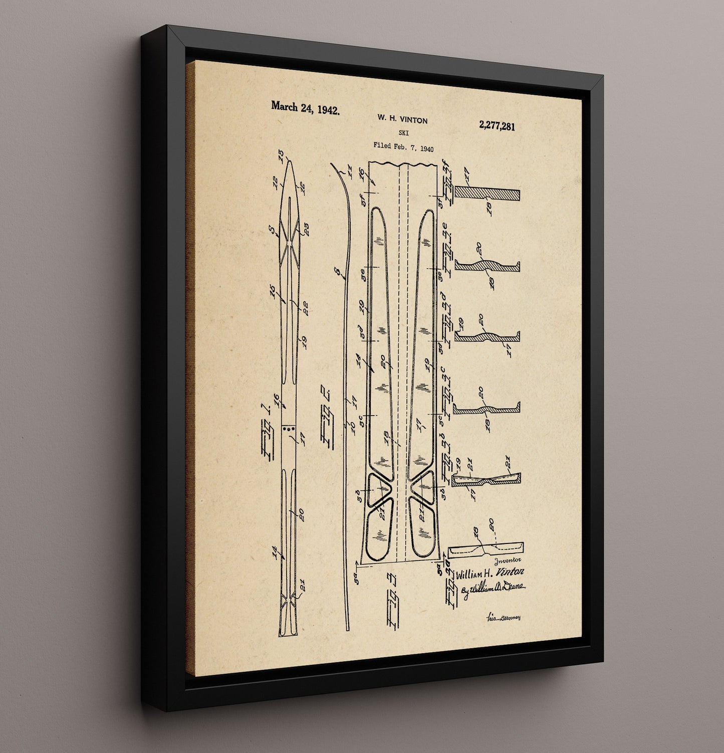 Patent Print - Ski - W H Vinton - 1942 - Patent 2277281 Patent Wall Art