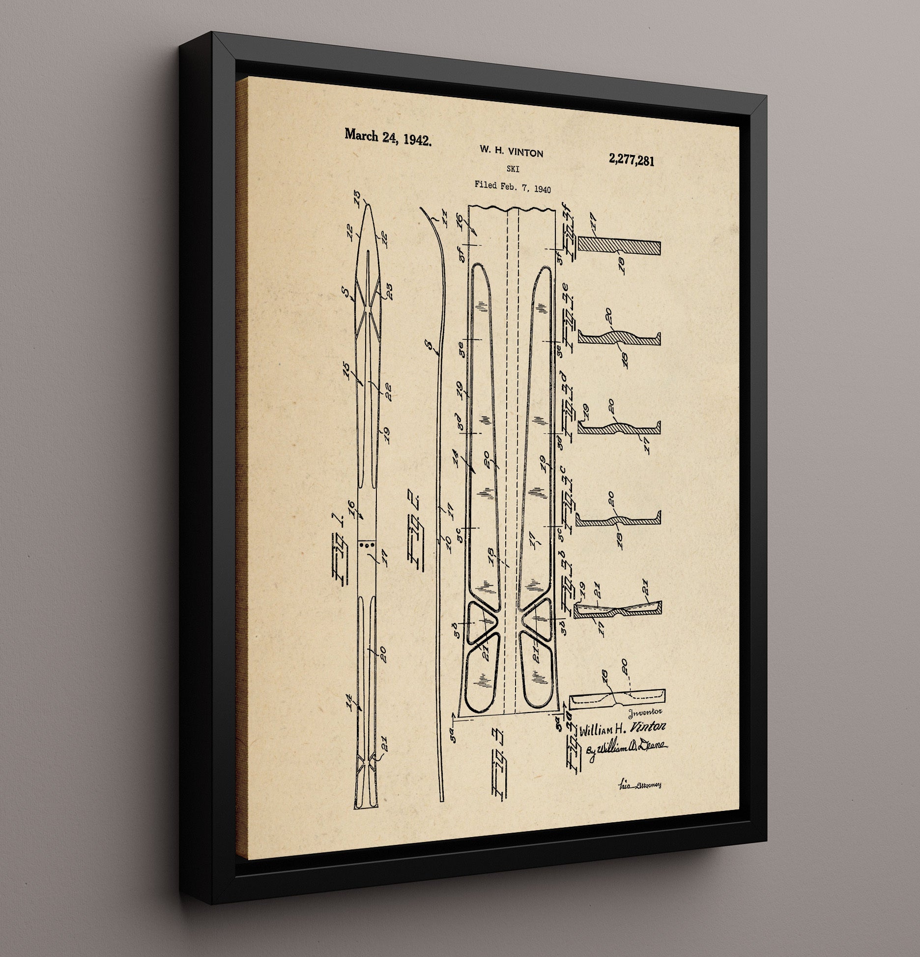 Patent Print - Ski - W H Vinton - 1942 - Patent 2277281 Patent Wall Art