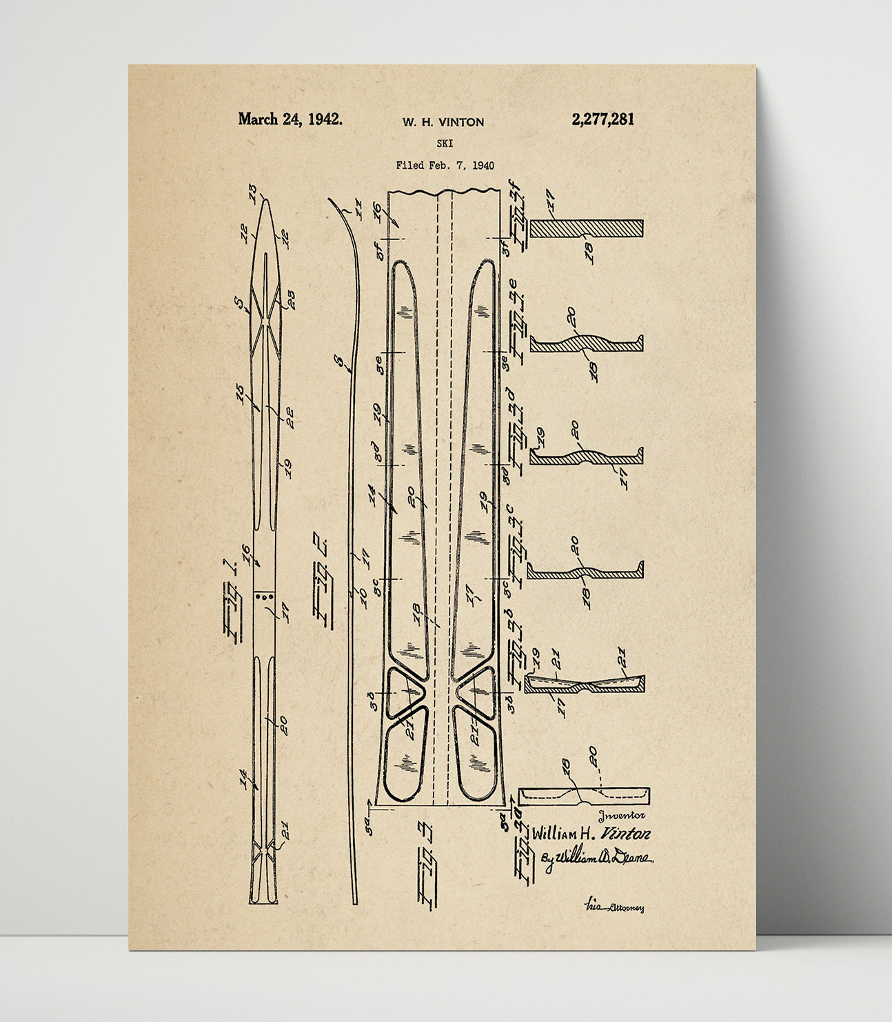 Patent Print - Ski - W H Vinton - 1942 - Patent 2277281 Patent Wall Art
