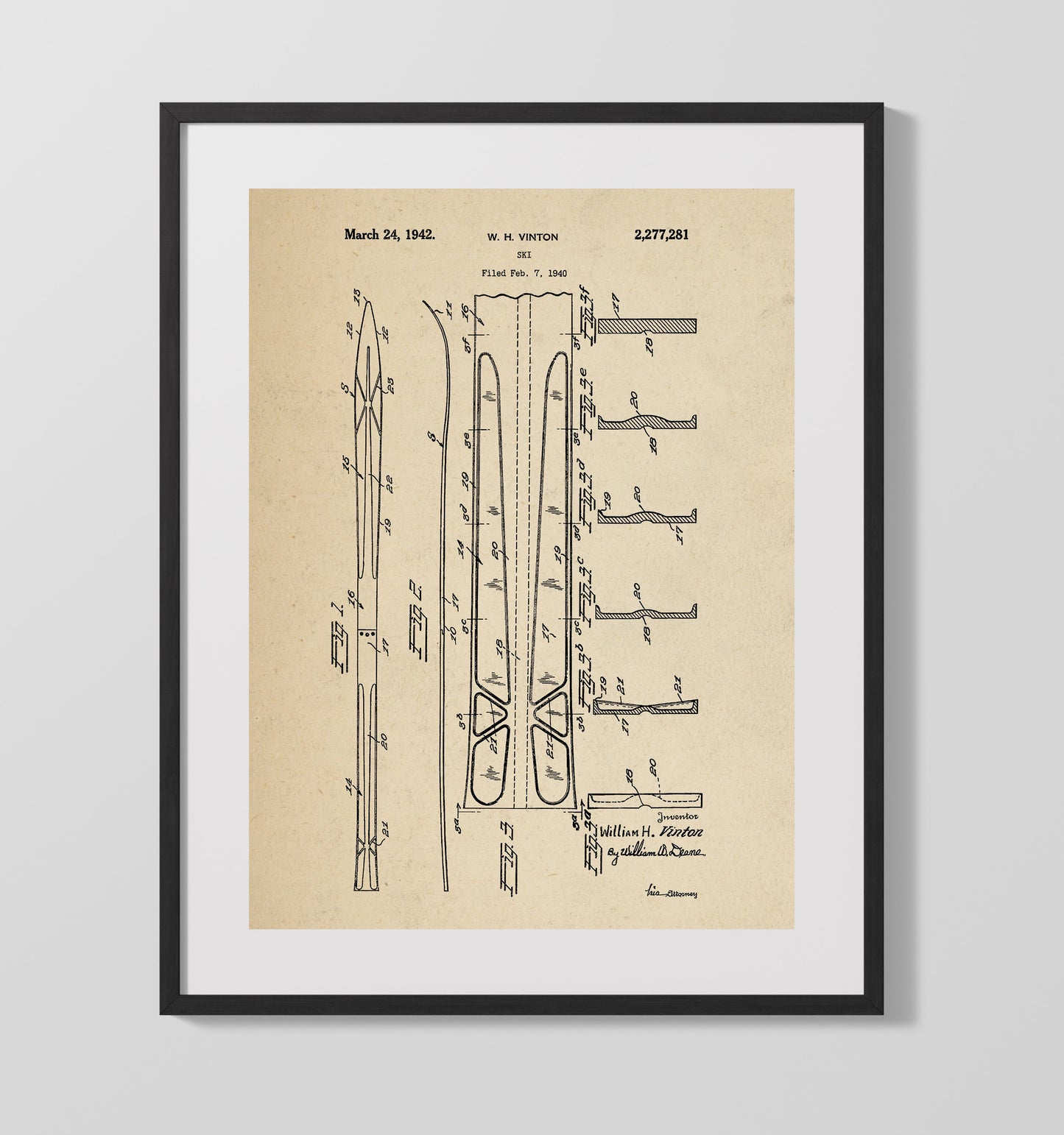 Patent Print - Ski - W H Vinton - 1942 - Patent 2277281 Patent Wall Art