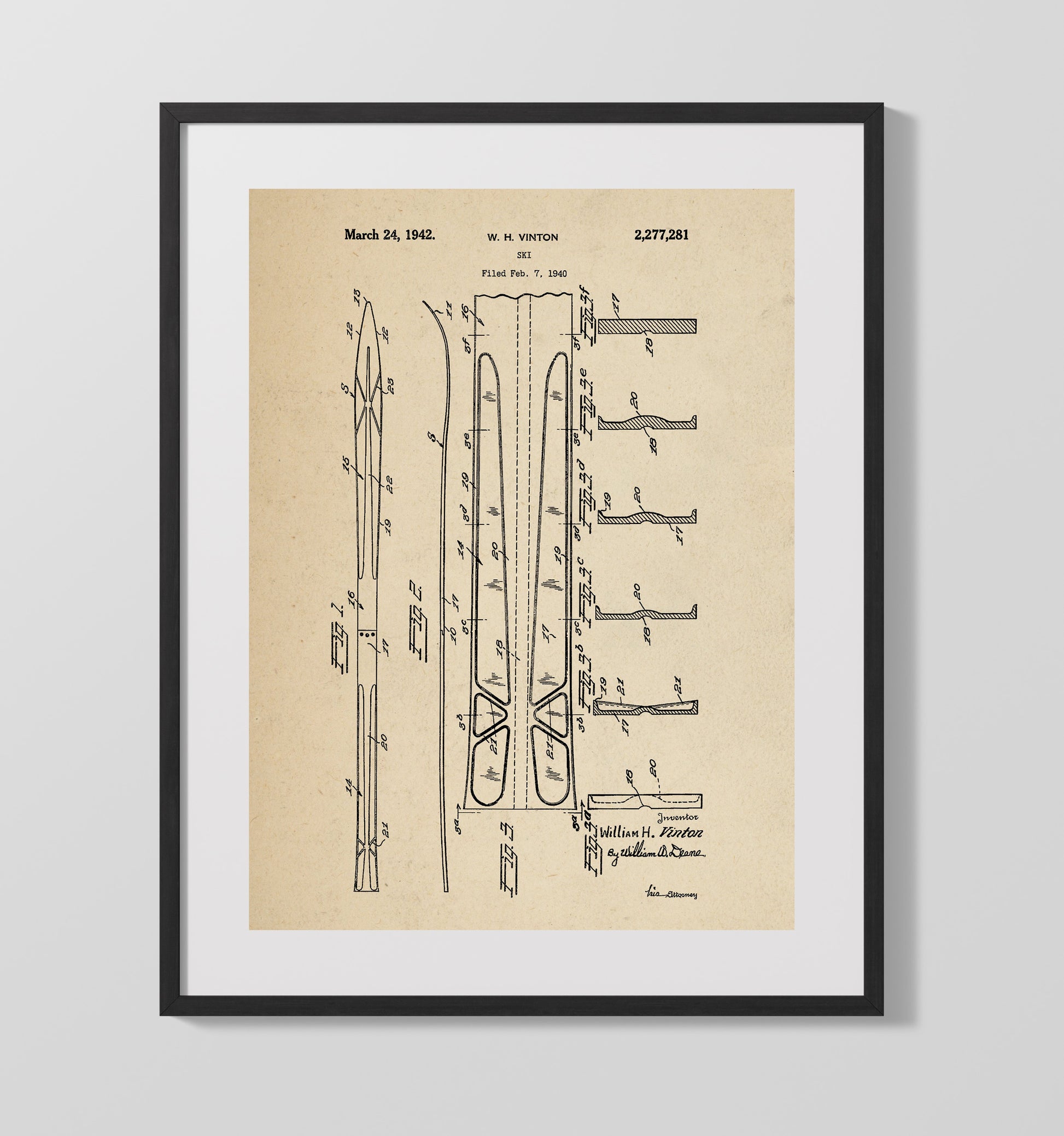 Patent Print - Ski - W H Vinton - 1942 - Patent 2277281 Patent Wall Art