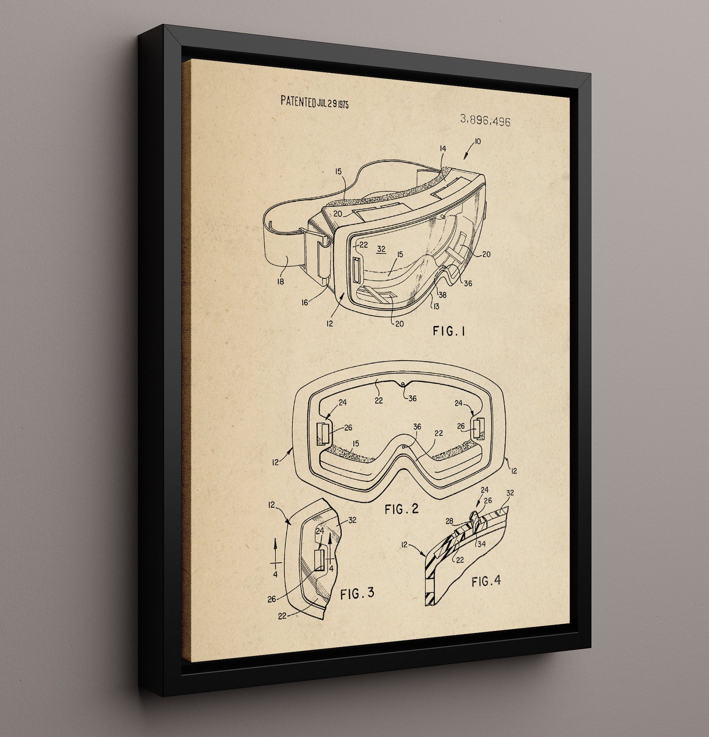 Patent Print - Ski Goggles - Unknown Inventor - 1975 - Patent 3896496 Patent Wall Art