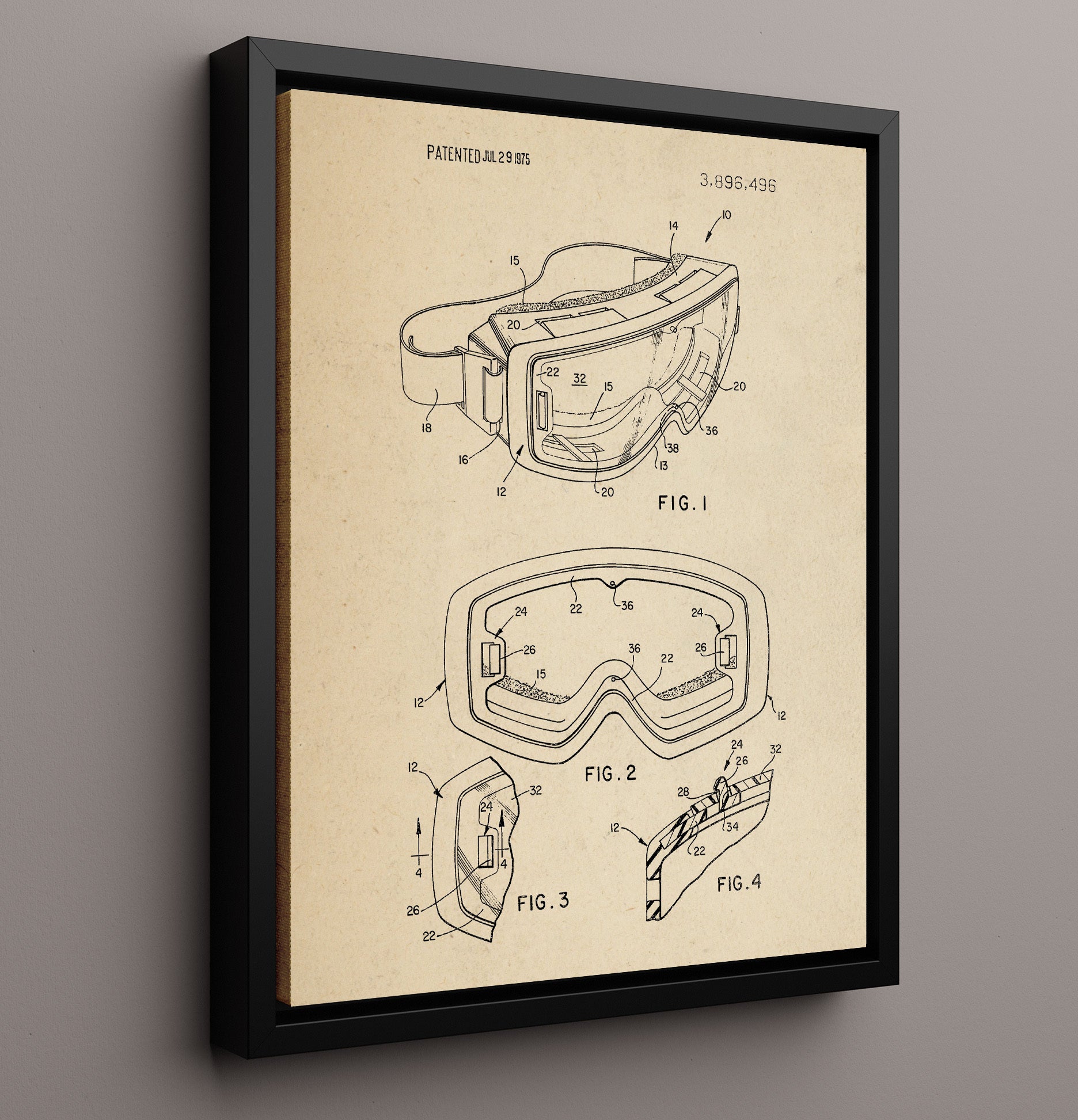 Patent Print - Ski Goggles - Unknown Inventor - 1975 - Patent 3896496 Patent Wall Art