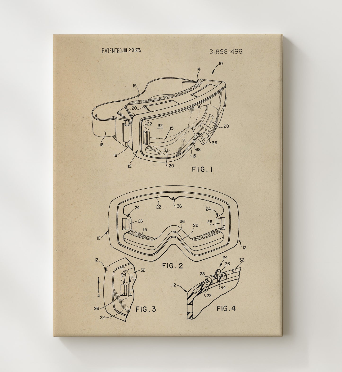 Patent Print - Ski Goggles - Unknown Inventor - 1975 - Patent 3896496 Patent Wall Art
