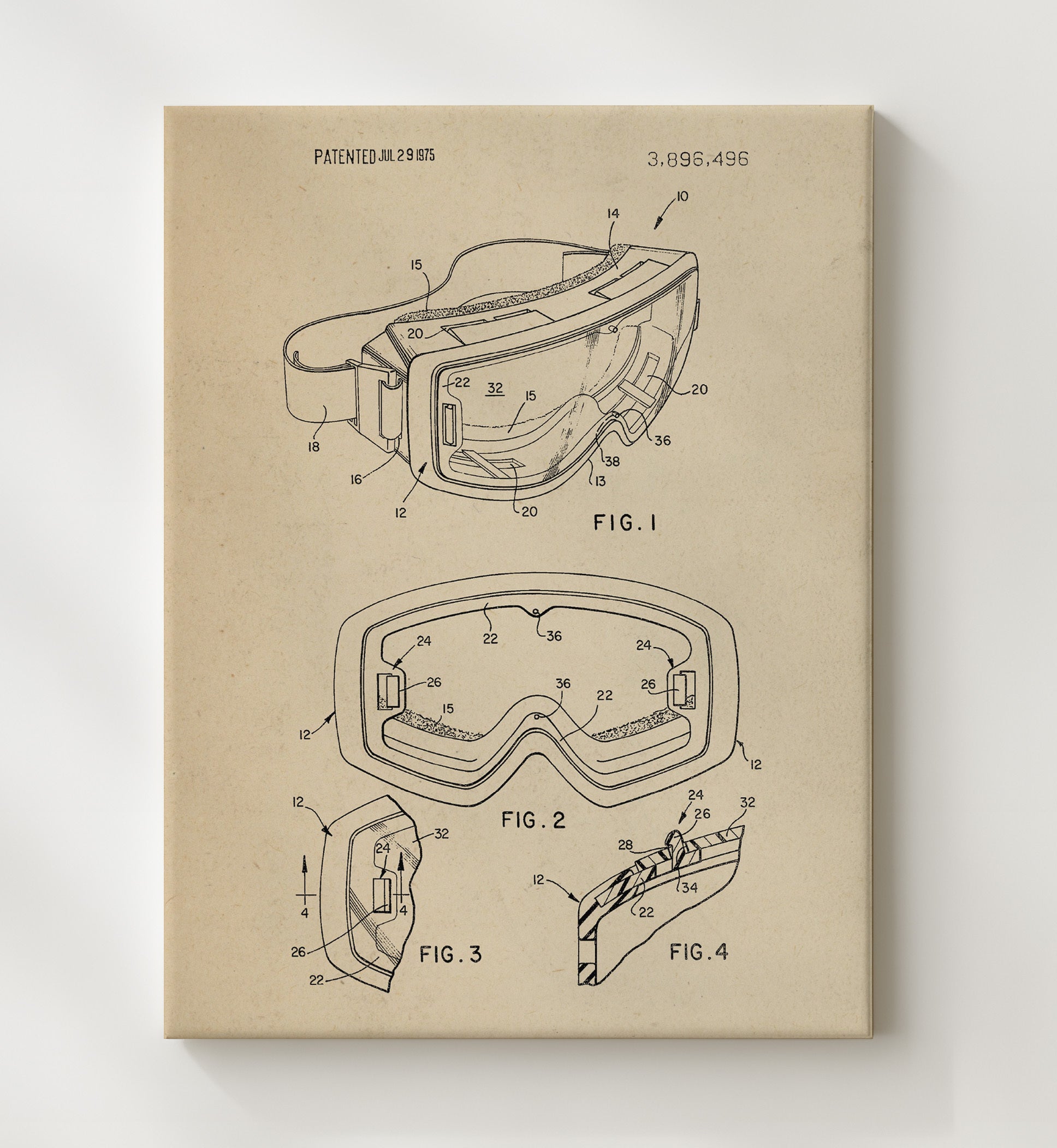 Patent Print - Ski Goggles - Unknown Inventor - 1975 - Patent 3896496 Patent Wall Art