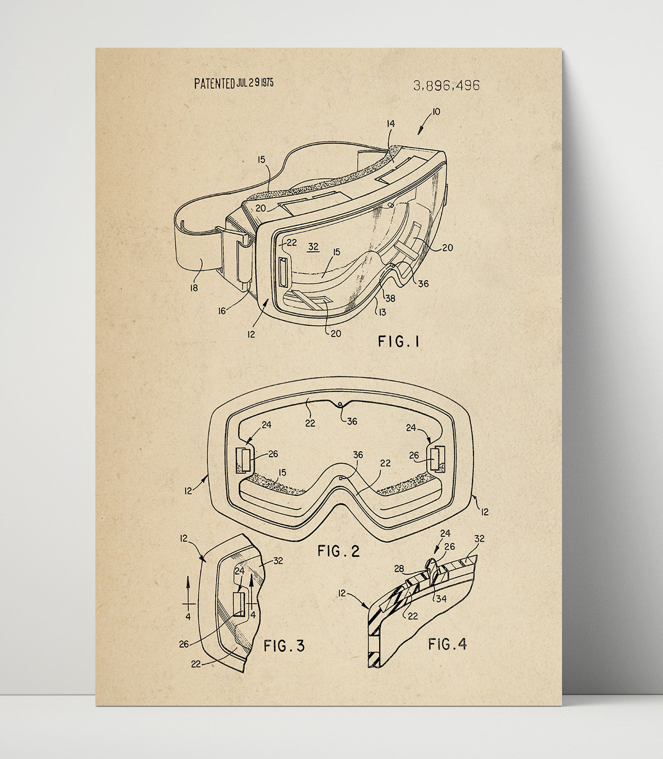 Patent Print - Ski Goggles - Unknown Inventor - 1975 - Patent 3896496 Patent Wall Art