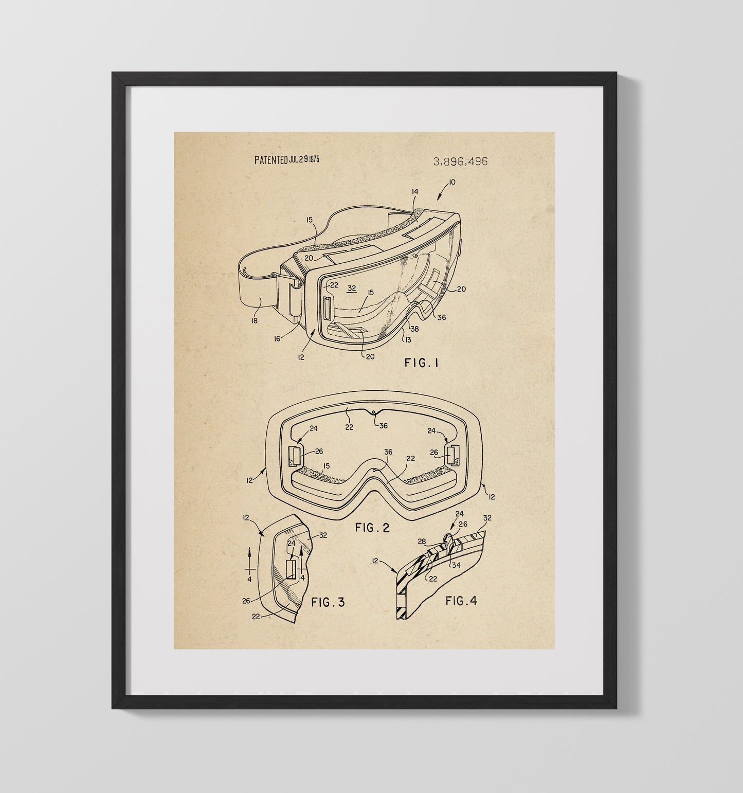Patent Print - Ski Goggles - Unknown Inventor - 1975 - Patent 3896496 Patent Wall Art