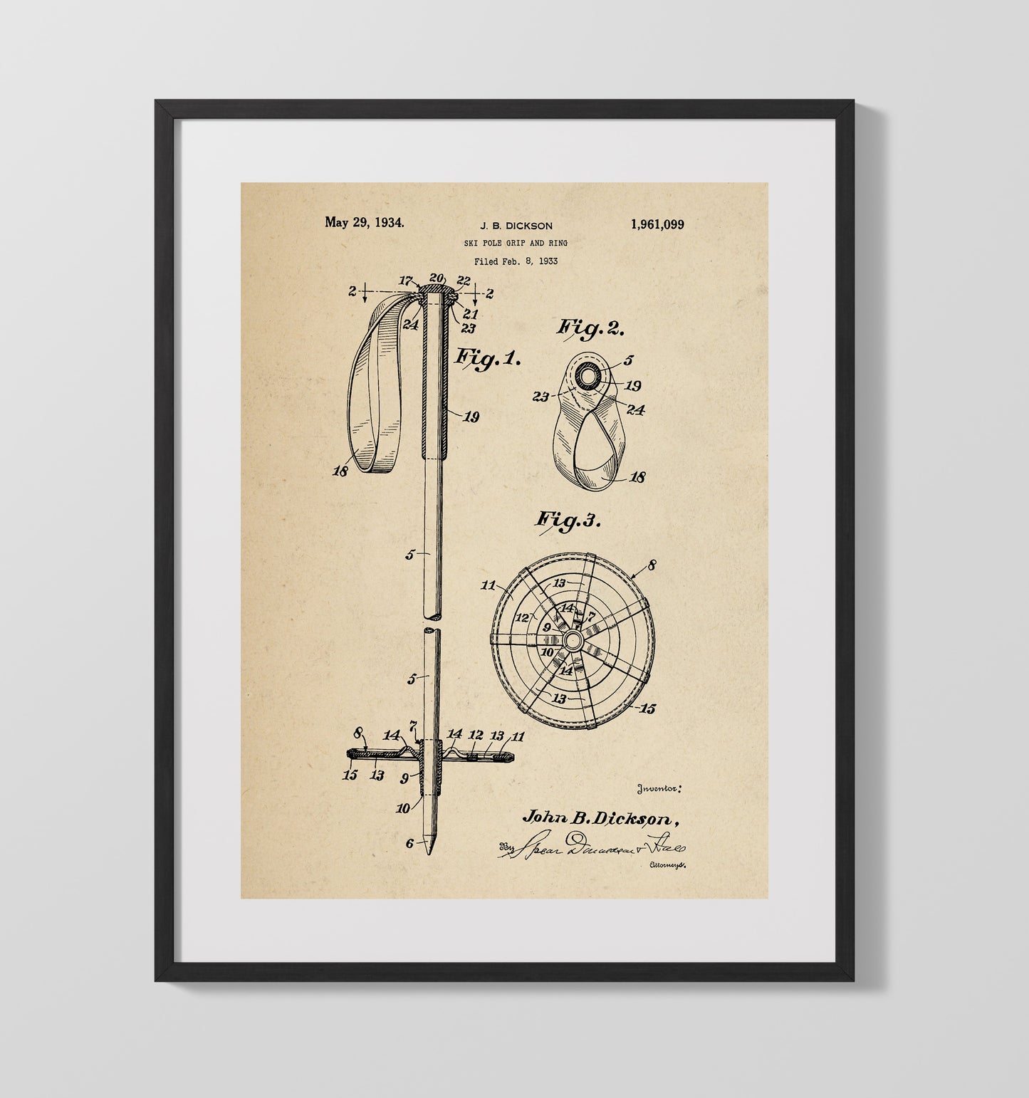 Patent Print - Ski Pole Grip And Ring - J B Dickson - 1934 - Patent 1961099 Patent Wall Art