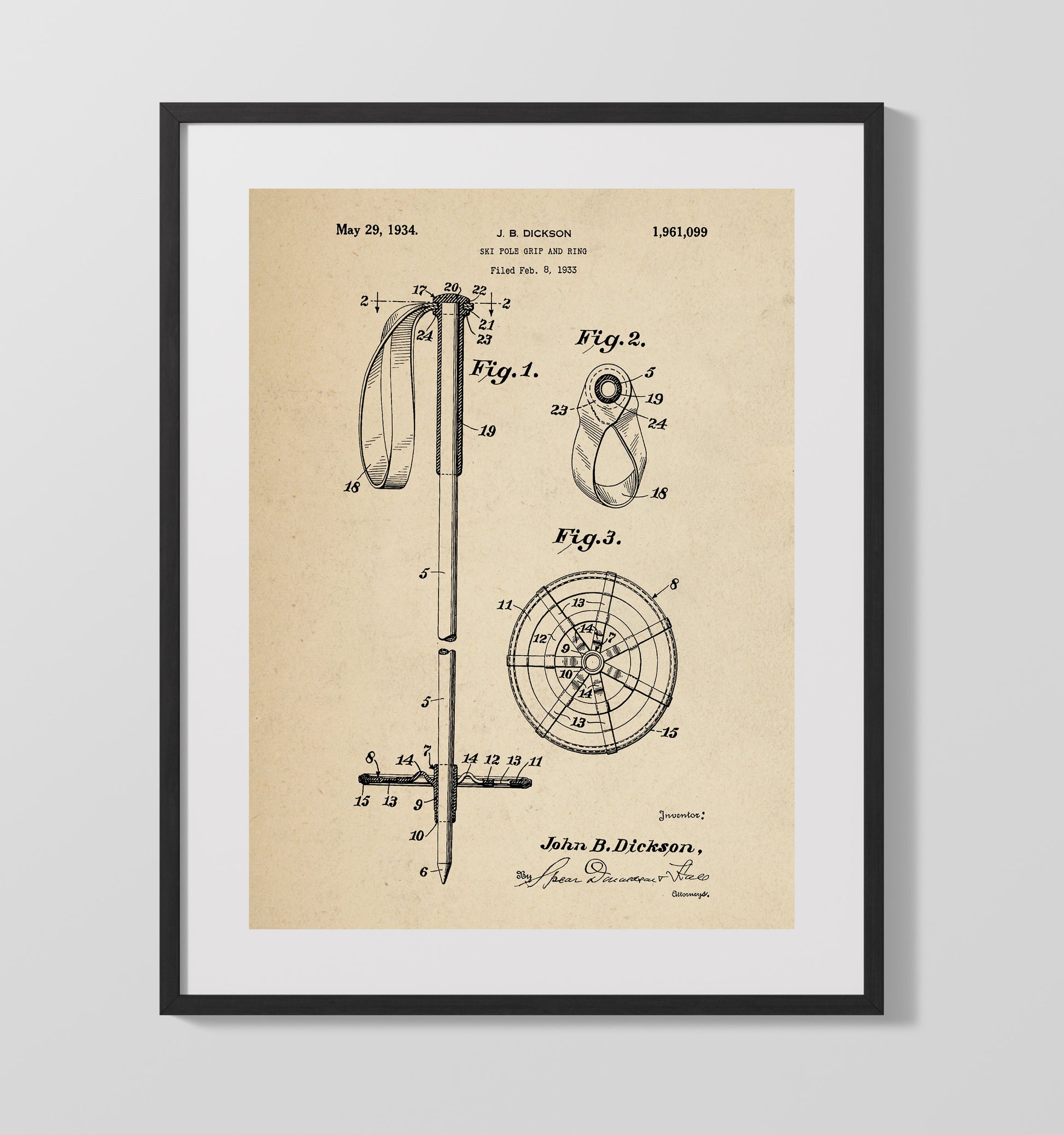 Patent Print - Ski Pole Grip And Ring - J B Dickson - 1934 - Patent 1961099 Patent Wall Art
