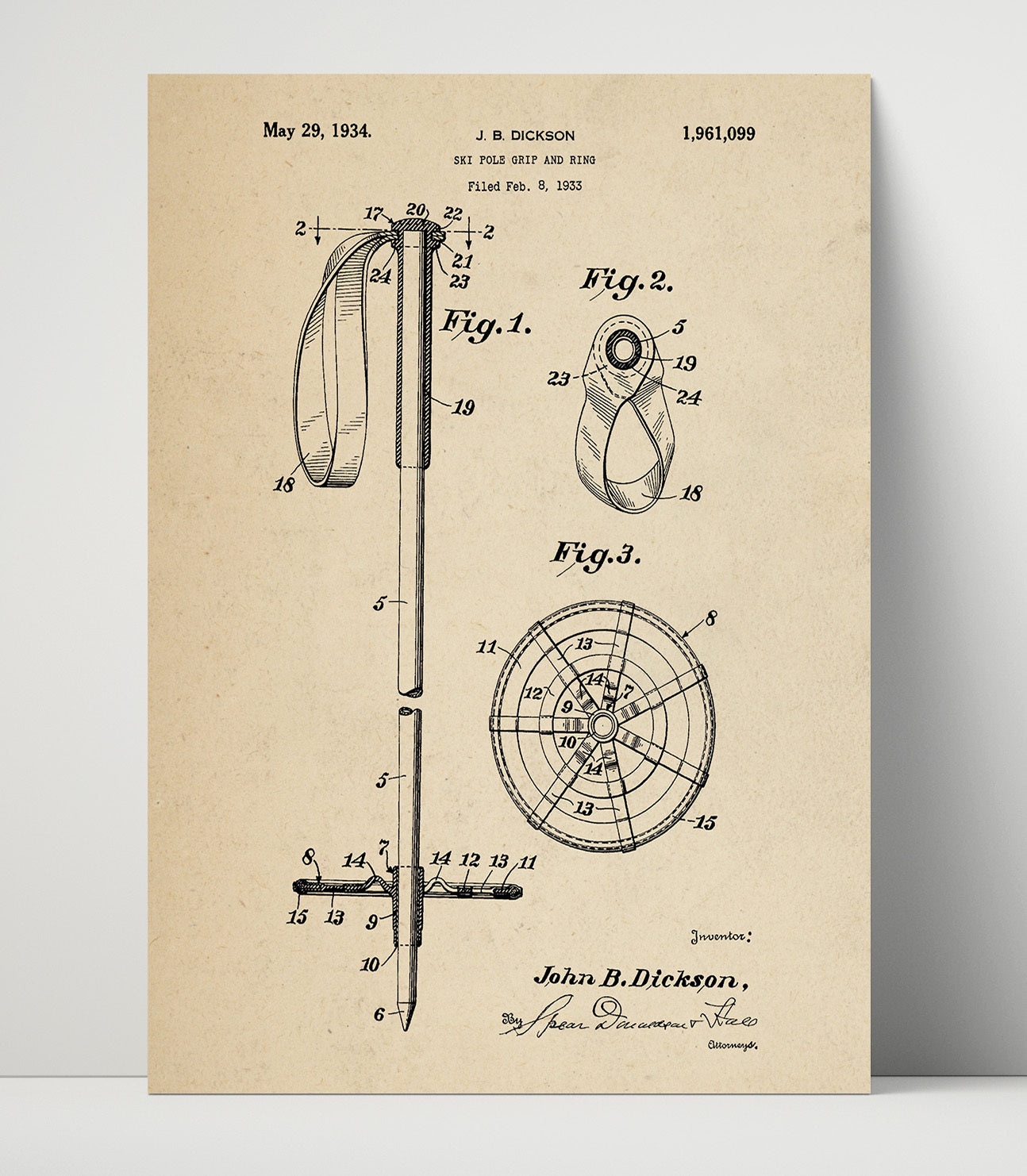 Patent Print - Ski Pole Grip And Ring - J B Dickson - 1934 - Patent 1961099 Patent Wall Art