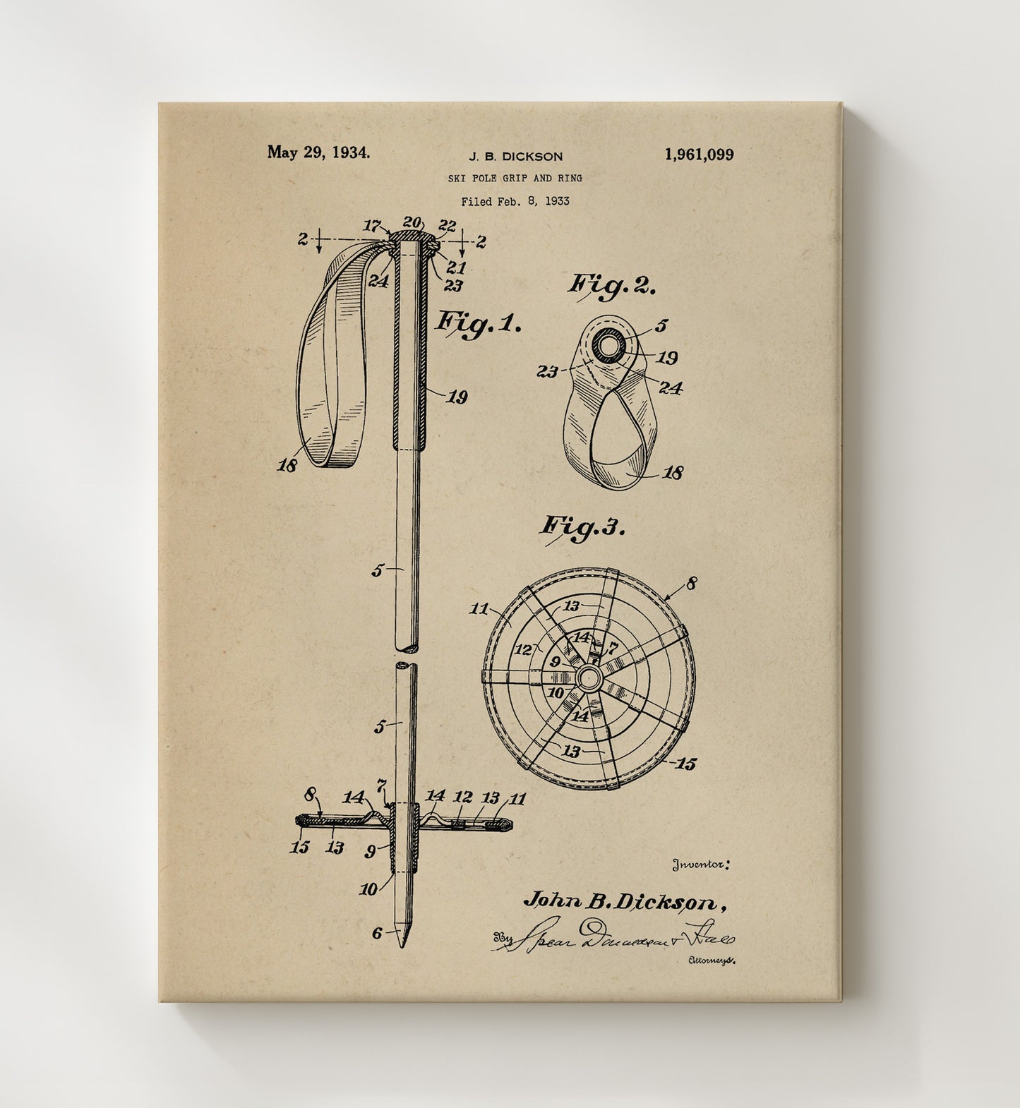 Patent Print - Ski Pole Grip And Ring - J B Dickson - 1934 - Patent 1961099 Patent Wall Art